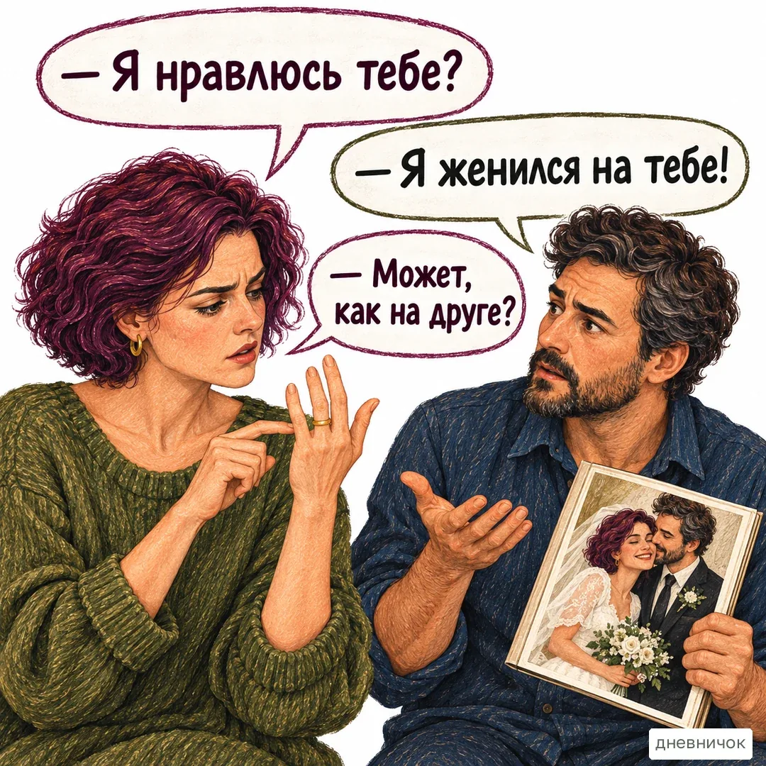 Даже явный знак близости не всегда останавливает сомнение. На картинке: — Я нравлюсь тебе? — Я женился на тебе! — Может, как на друге?