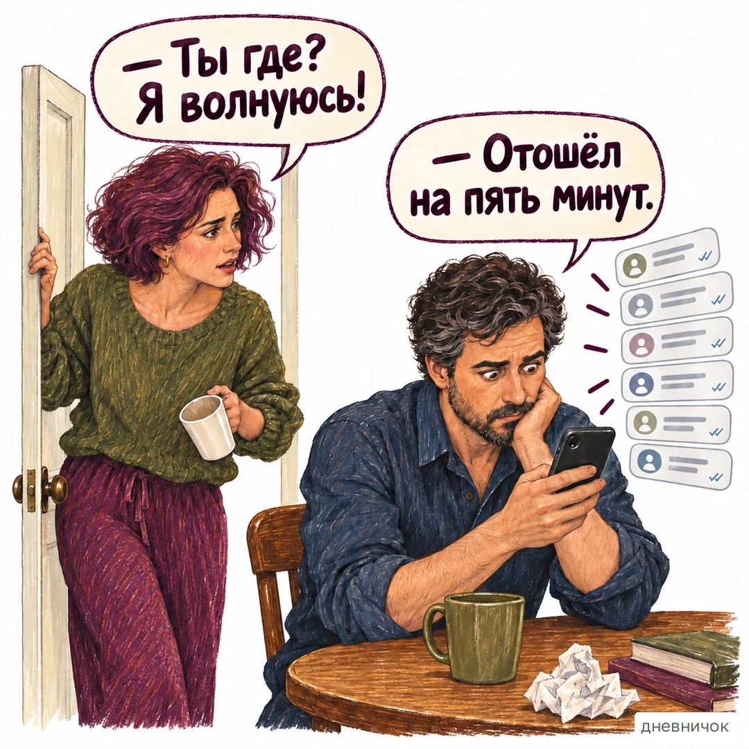 Правило связи лучше обсудить, чем угадывать по статусу онлайн. На картинке: — Ты где? Я волнуюсь! — Отошёл на пять минут.