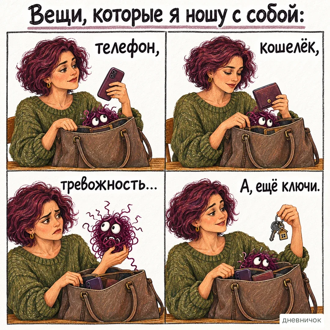 Напряжение бывает настолько привычным, что его замечаешь не сразу. На картинке: Вещи, которые я ношу с собой: телефон, кошелёк, тревожность… А, ещё ключи.