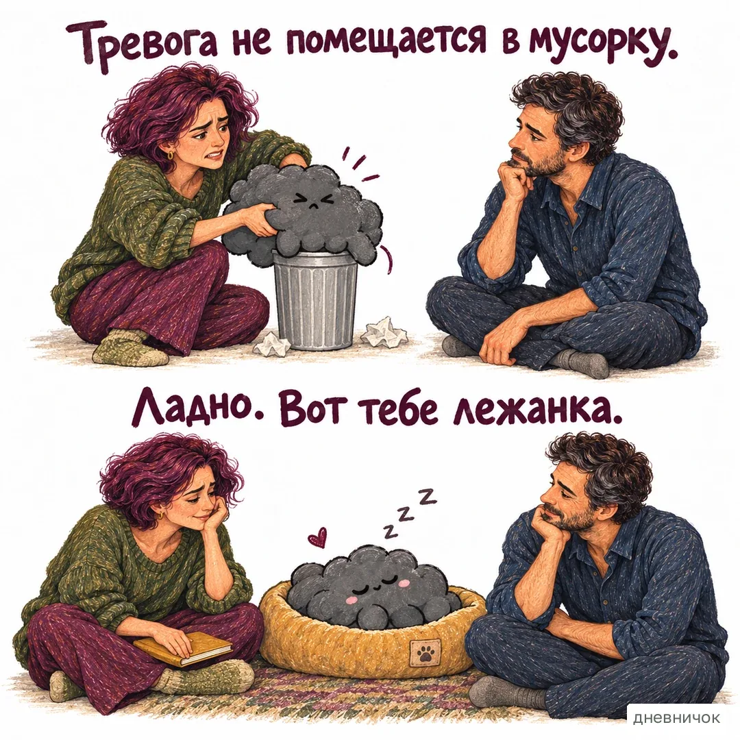 Не обязательно победить чувство, чтобы устроить себе более спокойные условия. На картинке: Тревога не помещается в мусорку. Ладно. Вот тебе лежанка.