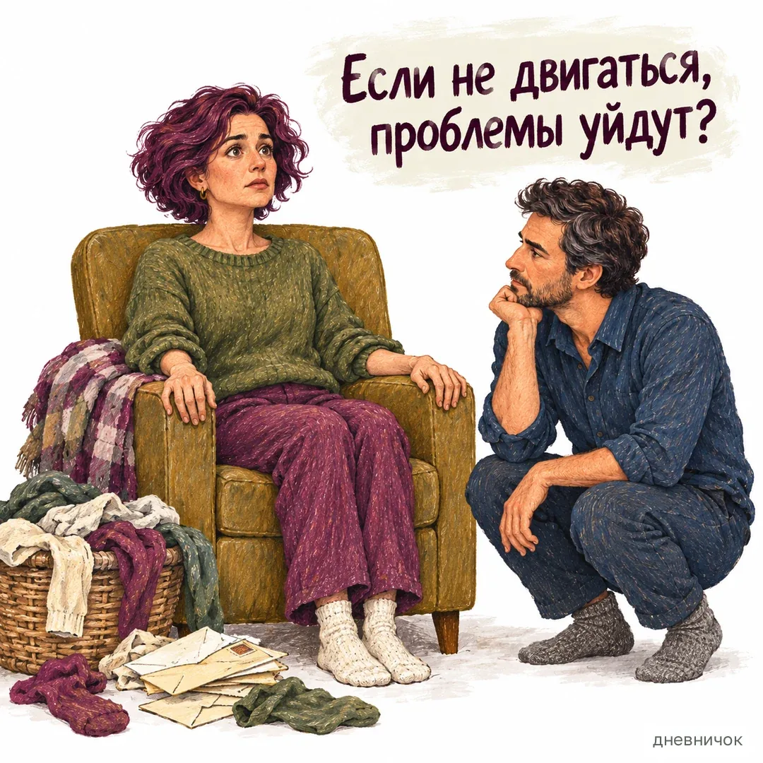 Небольшое действие может быть посильнее попытки решить всё сразу. На картинке: Если не двигаться, проблемы уйдут?