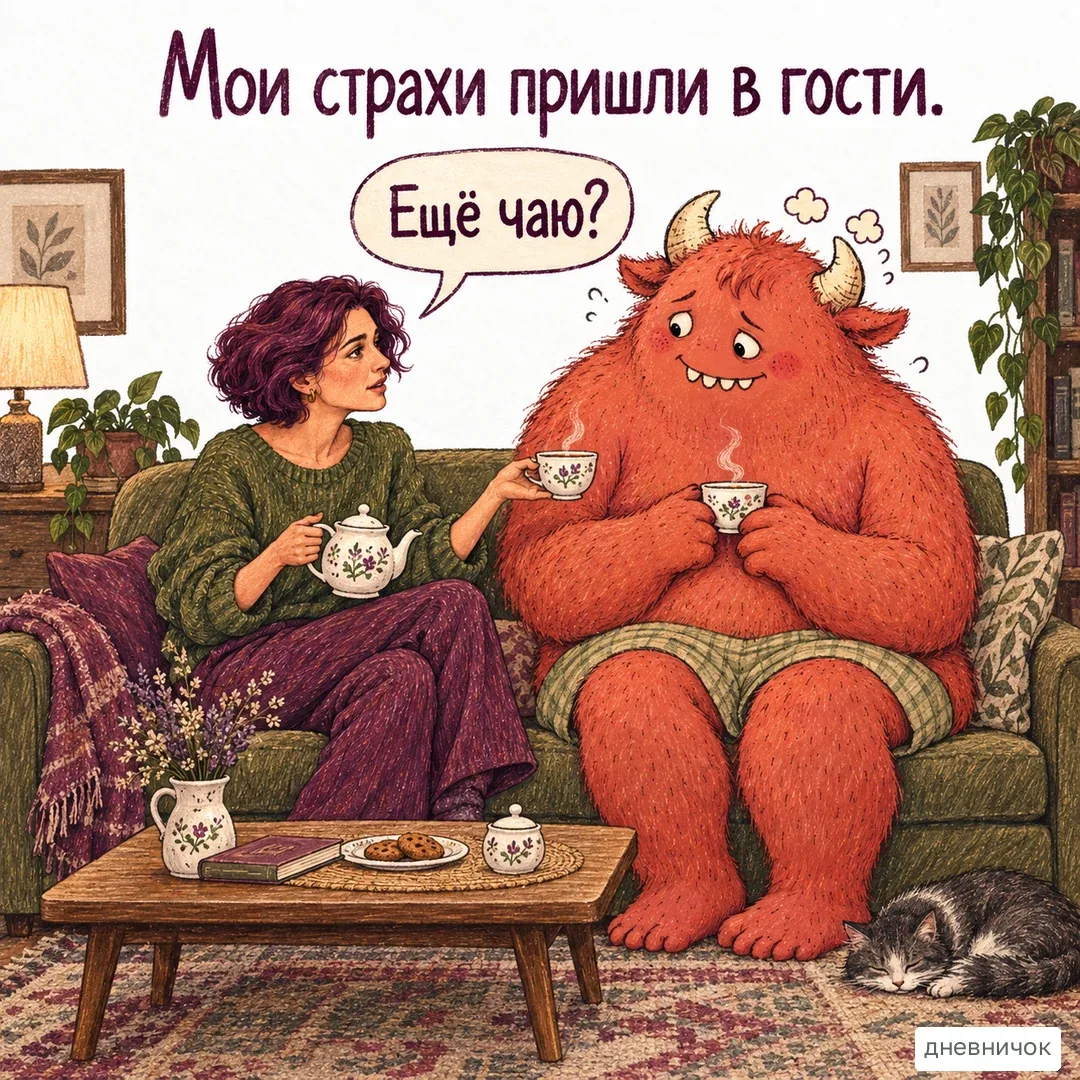 Присутствие и обычный разговор могут быть посильнее попытки срочно всё исправить. На картинке: Мои страхи пришли в гости. Ещё чаю?