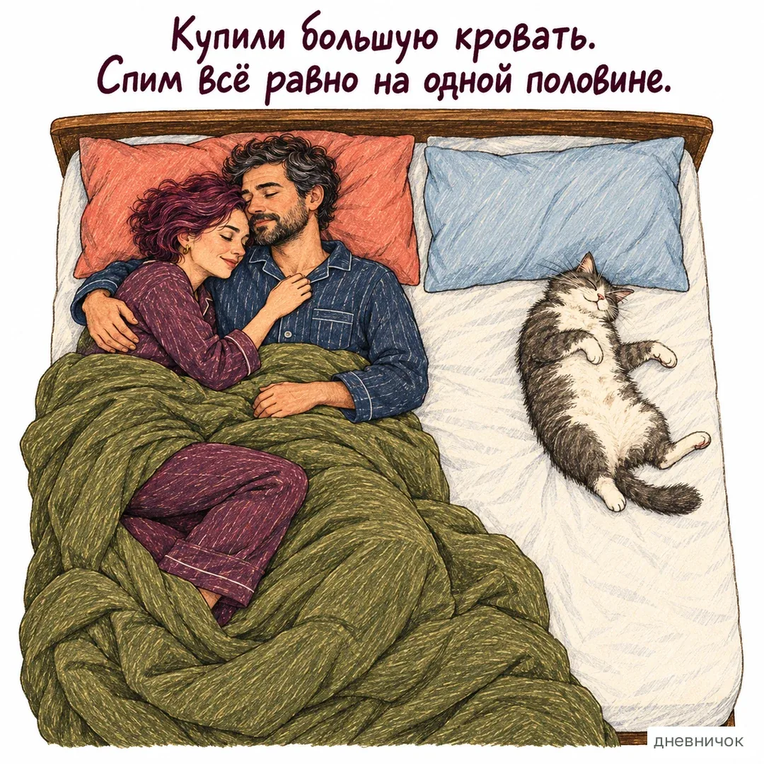 Совпадение проявляется в том, как удобно вам обоим. На картинке: Купили большую кровать. Спим всё равно на одной половине.