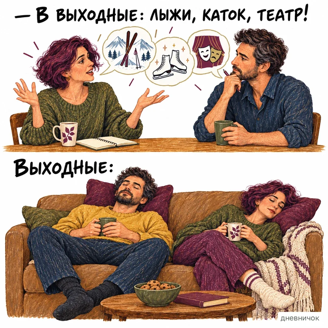 Планы и доступные силы стоит сверить до обещаний. На картинке: — В выходные: лыжи, каток, театр! Выходные: