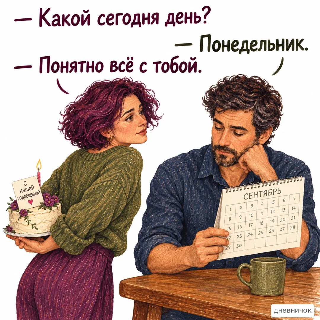 Невысказанное ожидание выглядит очевидным только одной стороне. На картинке: — Какой сегодня день? — Понедельник. — Понятно всё с тобой.