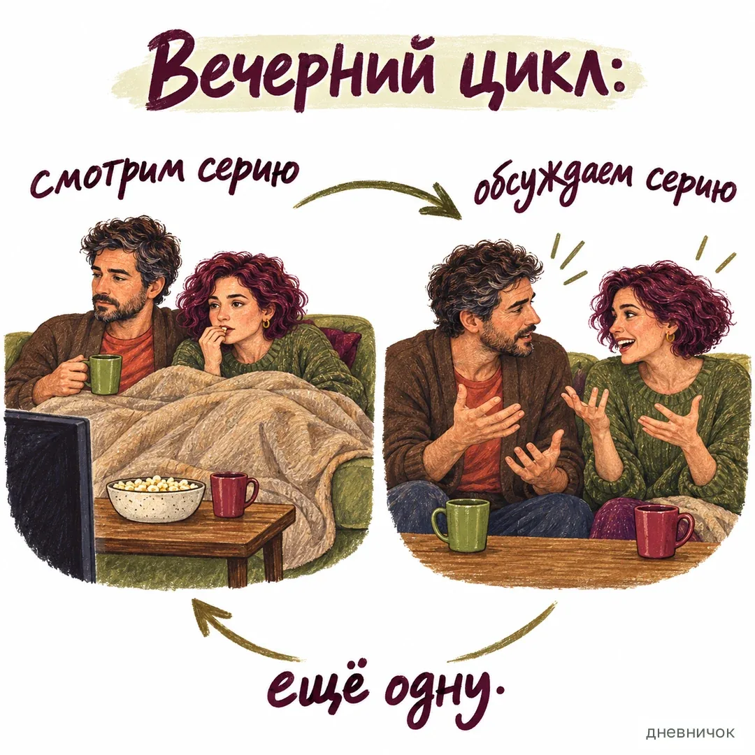 Общие маленькие привычки — тоже то, на что можно опереться. На картинке: Вечерний цикл: смотрим серию → обсуждаем серию → ещё одну.