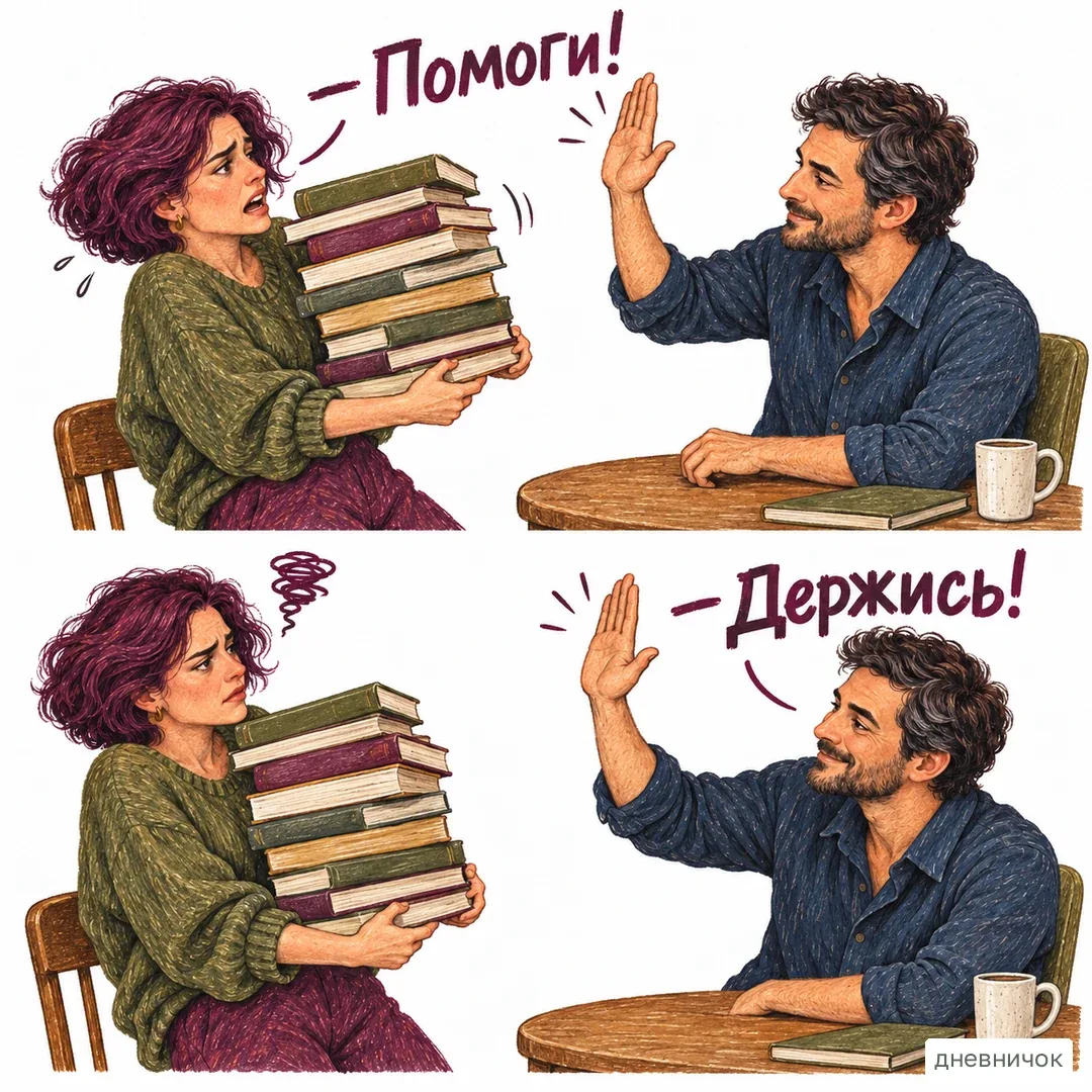 Одобрение не заменяет участия, когда нужна реальная помощь. На картинке: — Помоги! — Держись!