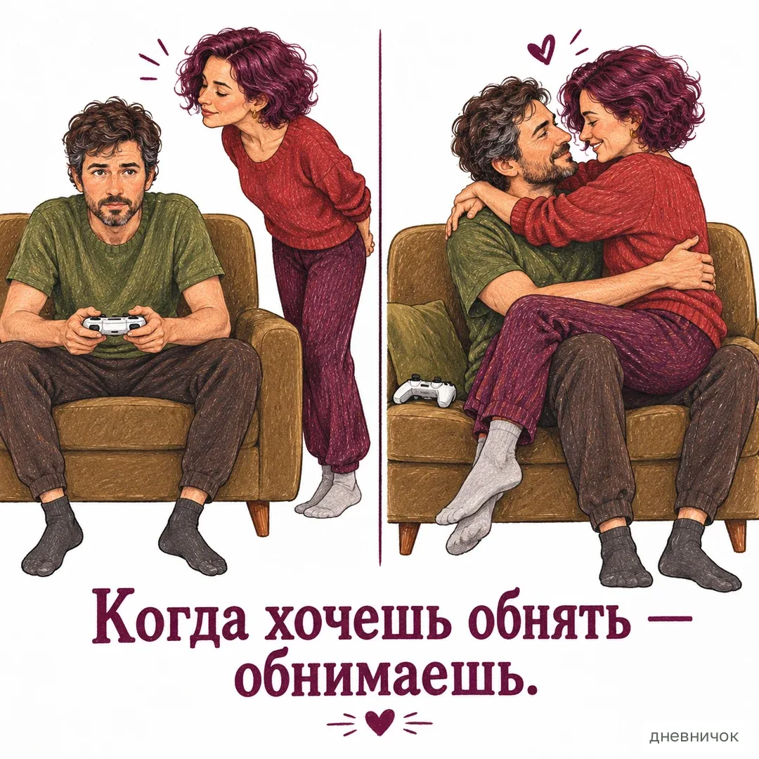 Проявить инициативу можно без длинного оправдания. На картинке: Когда хочешь обнять — обнимаешь.
