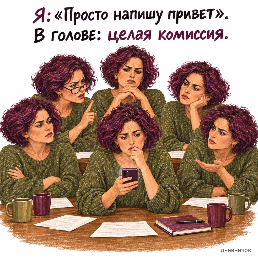 Сначала стоит отделить желание поговорить от попытки срочно успокоиться. На картинке: Я: «Просто напишу привет». В голове: целая комиссия.