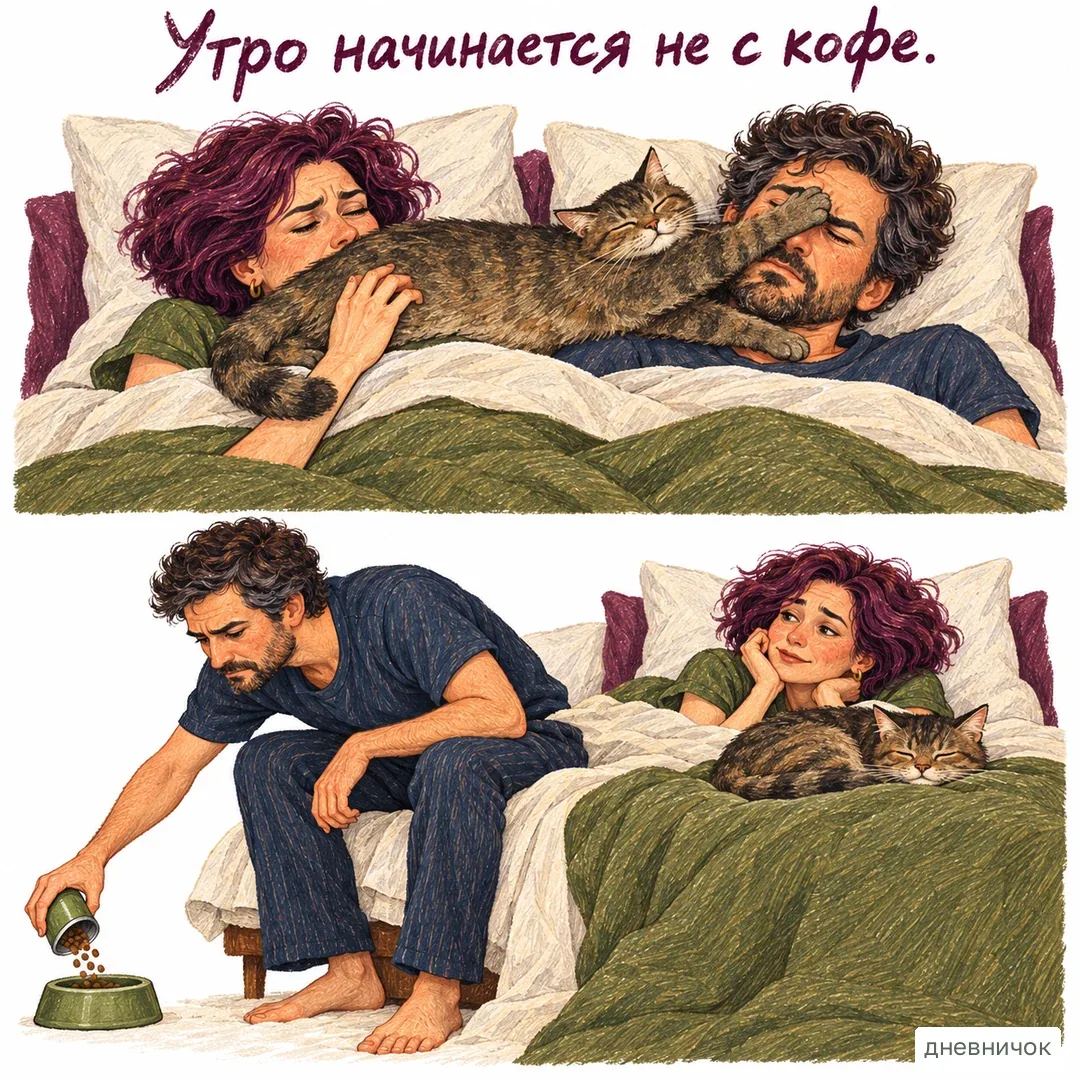 Забота часто видна в обычных повторяющихся поступках. На картинке: Утро начинается не с кофе.