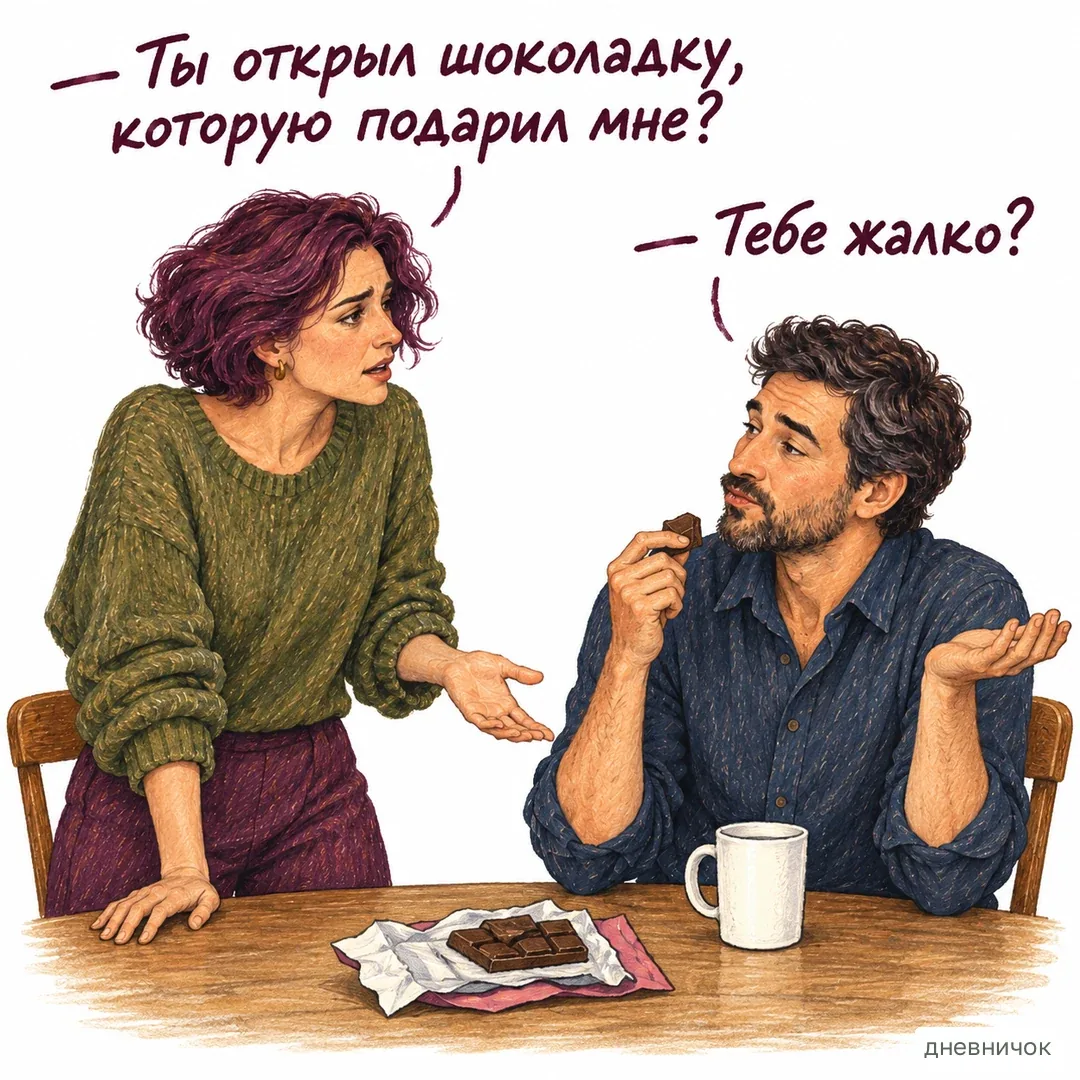 Если просьбу постоянно обесценивают, дело не только в шоколадке. На картинке: — Ты открыл шоколадку, которую подарил мне? — Тебе жалко?