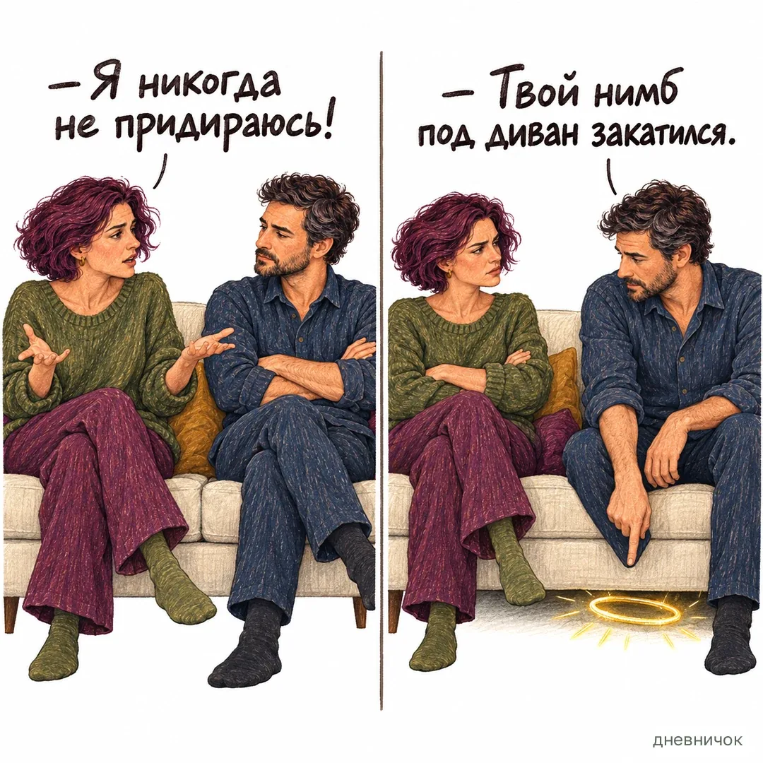 Начать примирение мешает желание остаться безупречной. На картинке: — Я никогда не придираюсь! — Твой нимб под диван закатился.