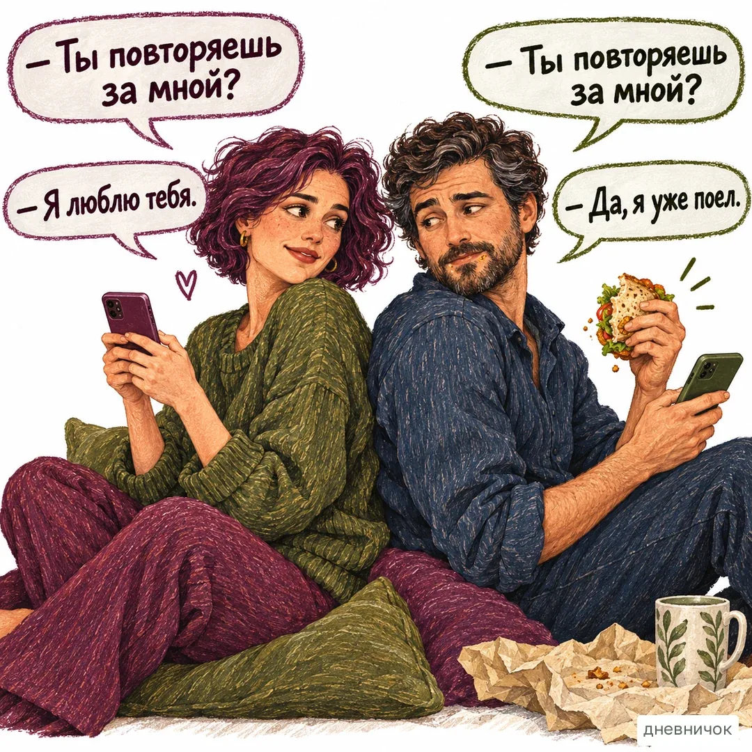 Разговор не становится яснее, когда мы отвечаем на удобную часть сообщения. На картинке: — Ты повторяешь за мной? — Ты повторяешь за мной? — Я люблю тебя. — Да, я уже поел.