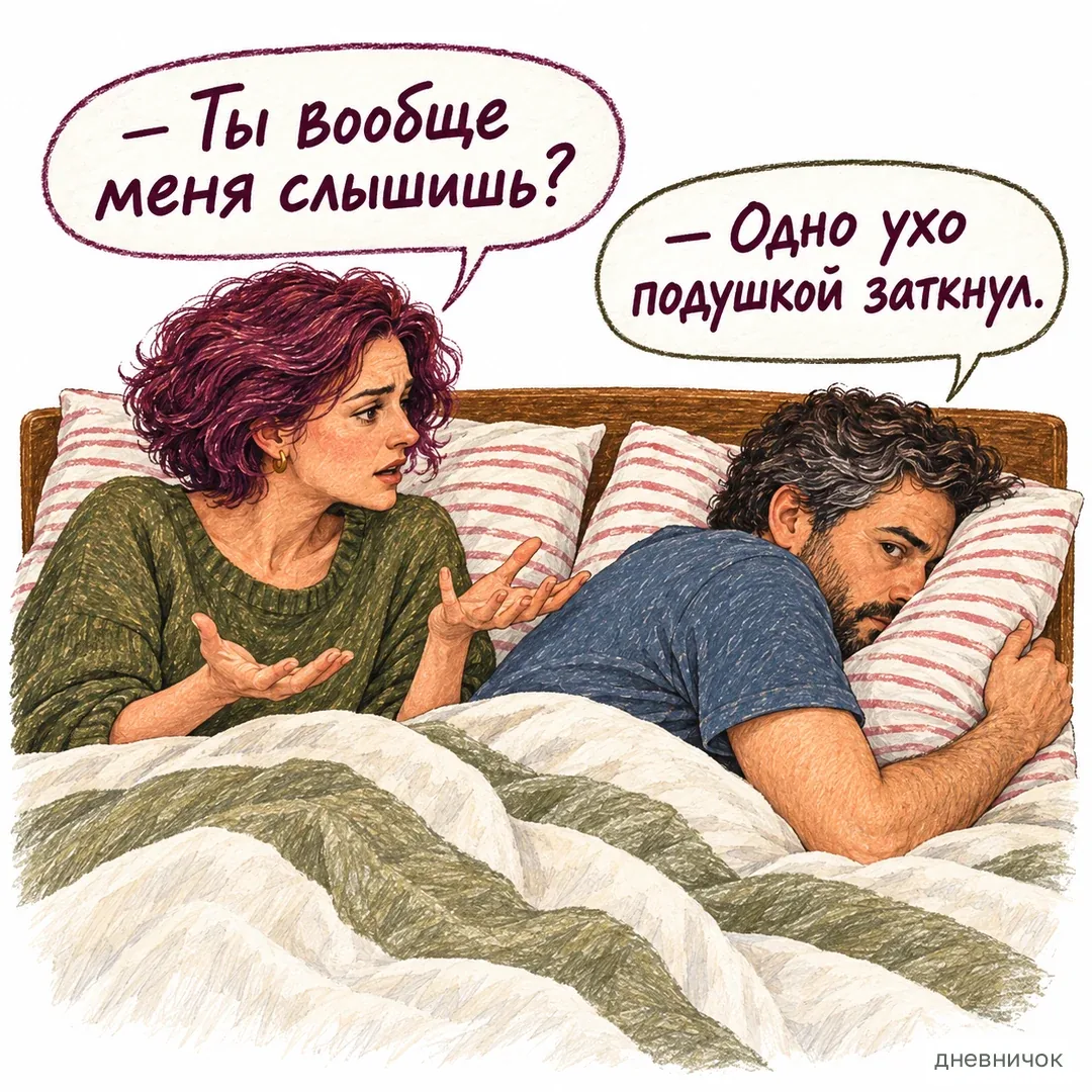 Разговор лучше отложить, если сейчас никто не готов слушать. На картинке: — Ты вообще меня слышишь? — Одно ухо подушкой заткнул.