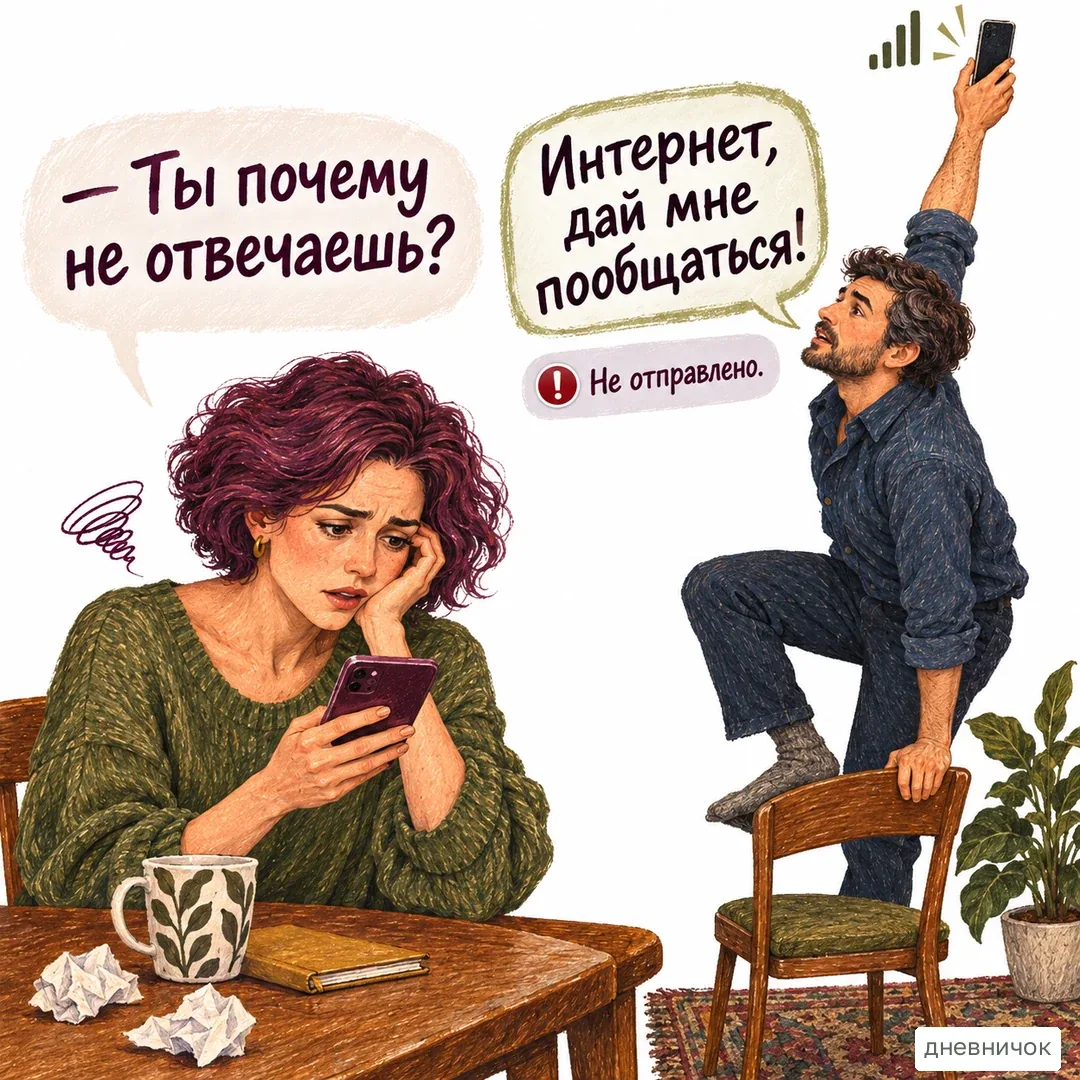 Молчание в чате ещё не объясняет, что происходит на другой стороне. На картинке: — Ты почему не отвечаешь? Он: «Интернет, дай мне пообщаться!» Не отправлено.