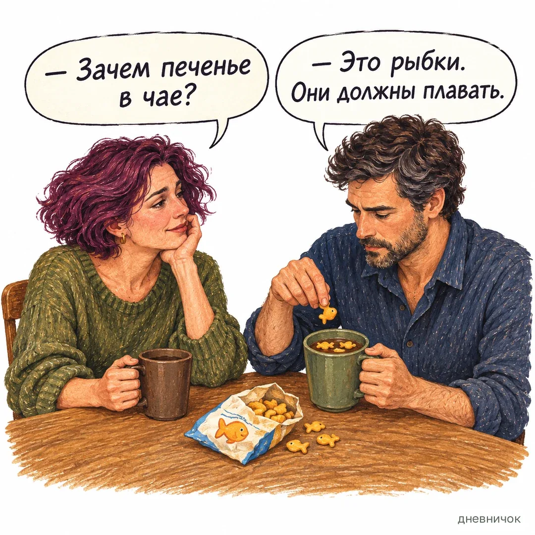Пока в чате пауза, у человека может идти самая обычная жизнь. На картинке: — Зачем печенье в чае? — Это рыбки. Они должны плавать.