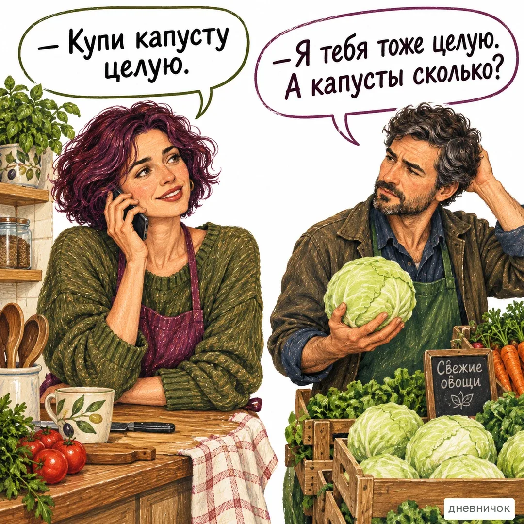 Короткая переписка иногда требует буквального уточнения. На картинке: — Купи капусту целую. — Я тебя тоже целую. А капусты сколько?