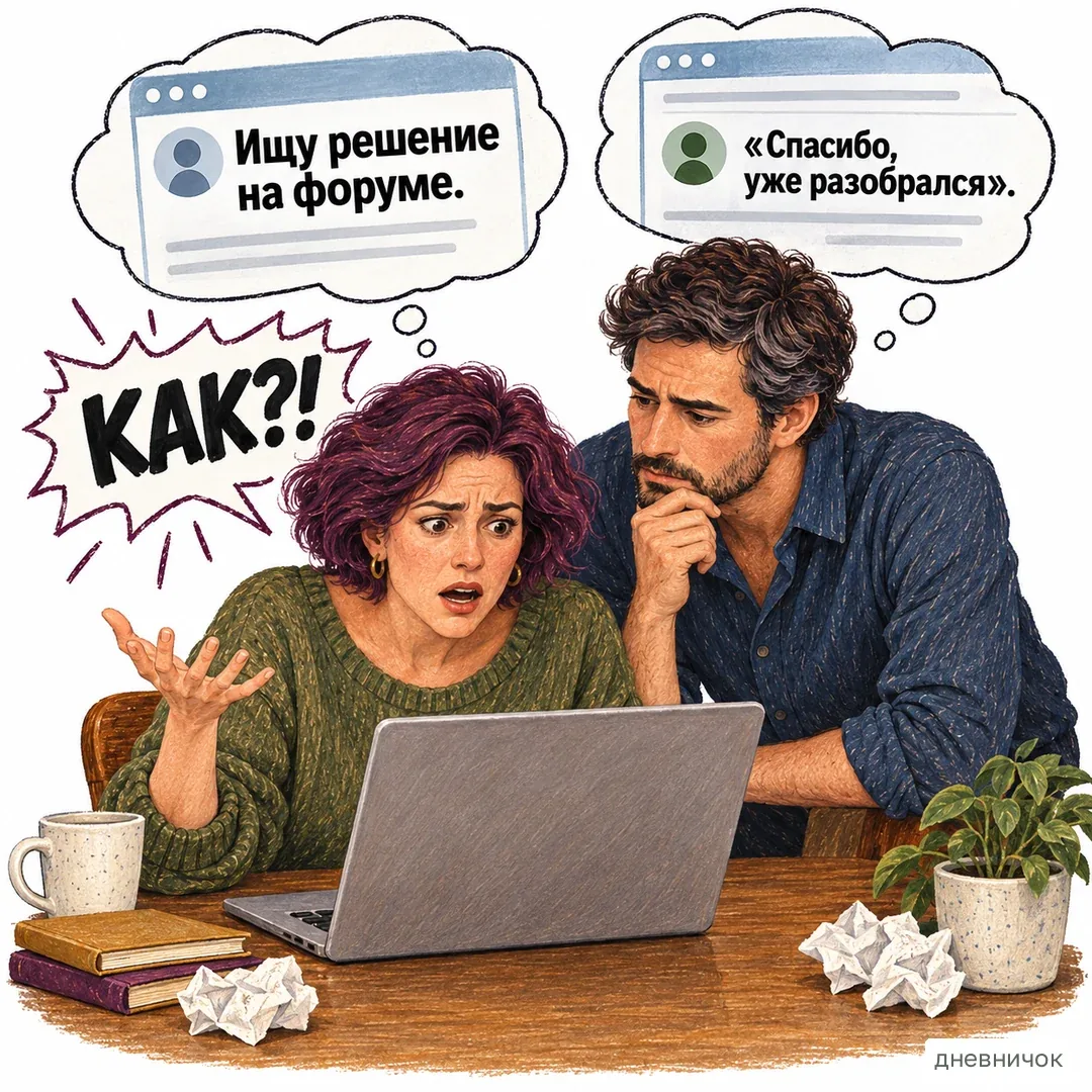 Чужого ответа может не быть — своим планам нужен запасной вариант. На картинке: Ищу решение на форуме. «Спасибо, уже разобрался». КАК?!