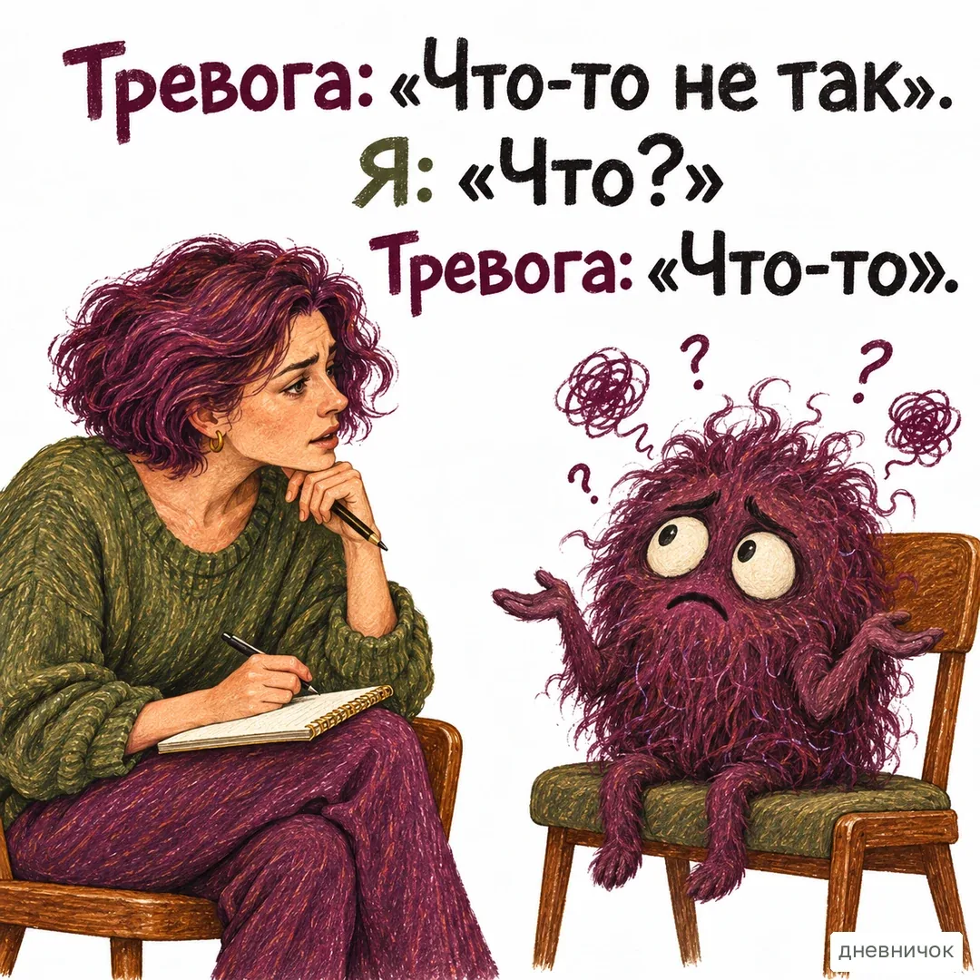Прежде чем выбирать поддержку, полезно назвать, что именно сейчас трудно. На картинке: Тревога: «Что-то не так». Я: «Что?» Тревога: «Что-то».