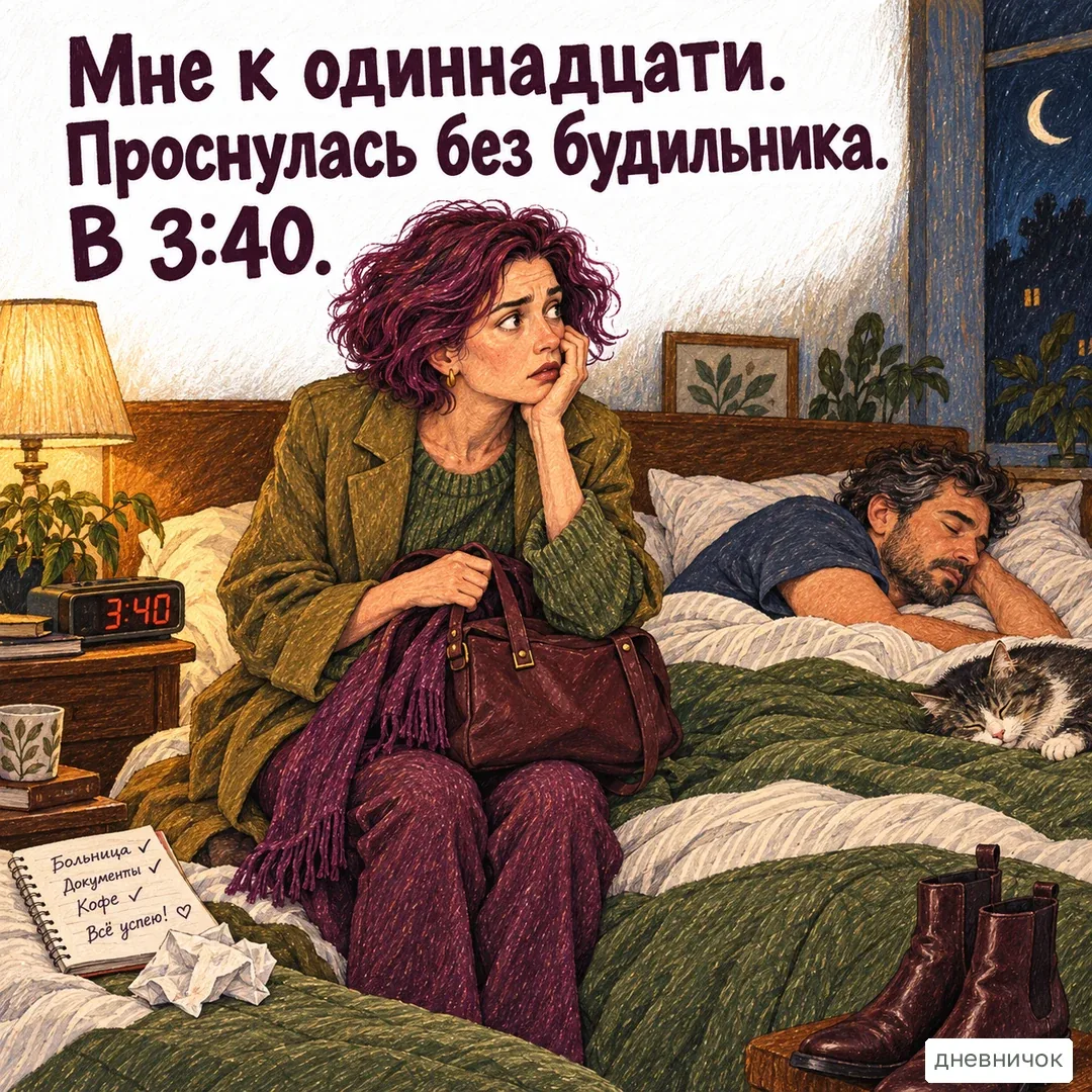 Подготовка ко всему заранее иногда оставляет слишком мало времени на отдых. На картинке: Мне к одиннадцати. Проснулась без будильника. В 3:40.