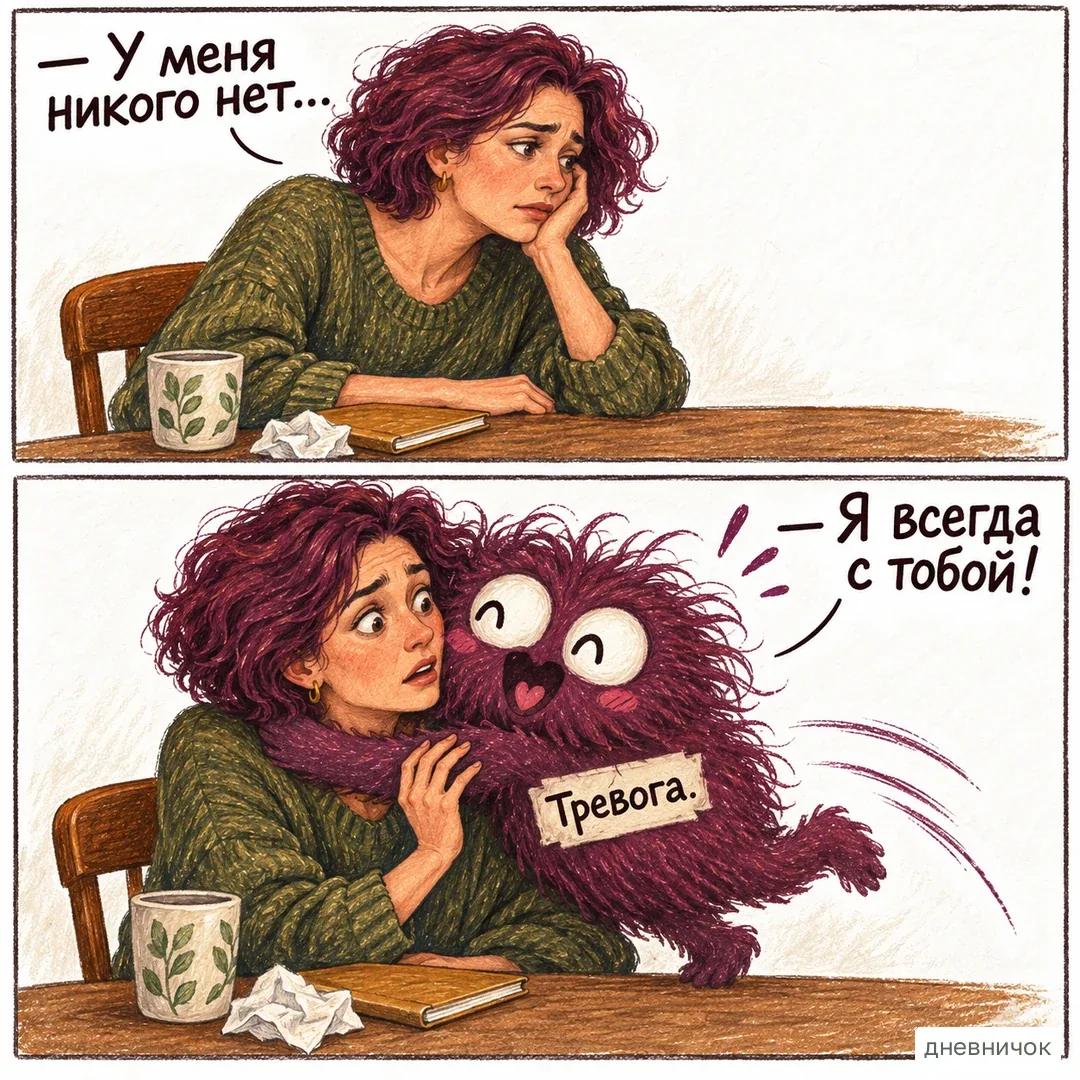 Когда в голове только тревога, полезно добавить отклик живого человека. На картинке: — У меня никого нет… — Я всегда с тобой! Тревога.