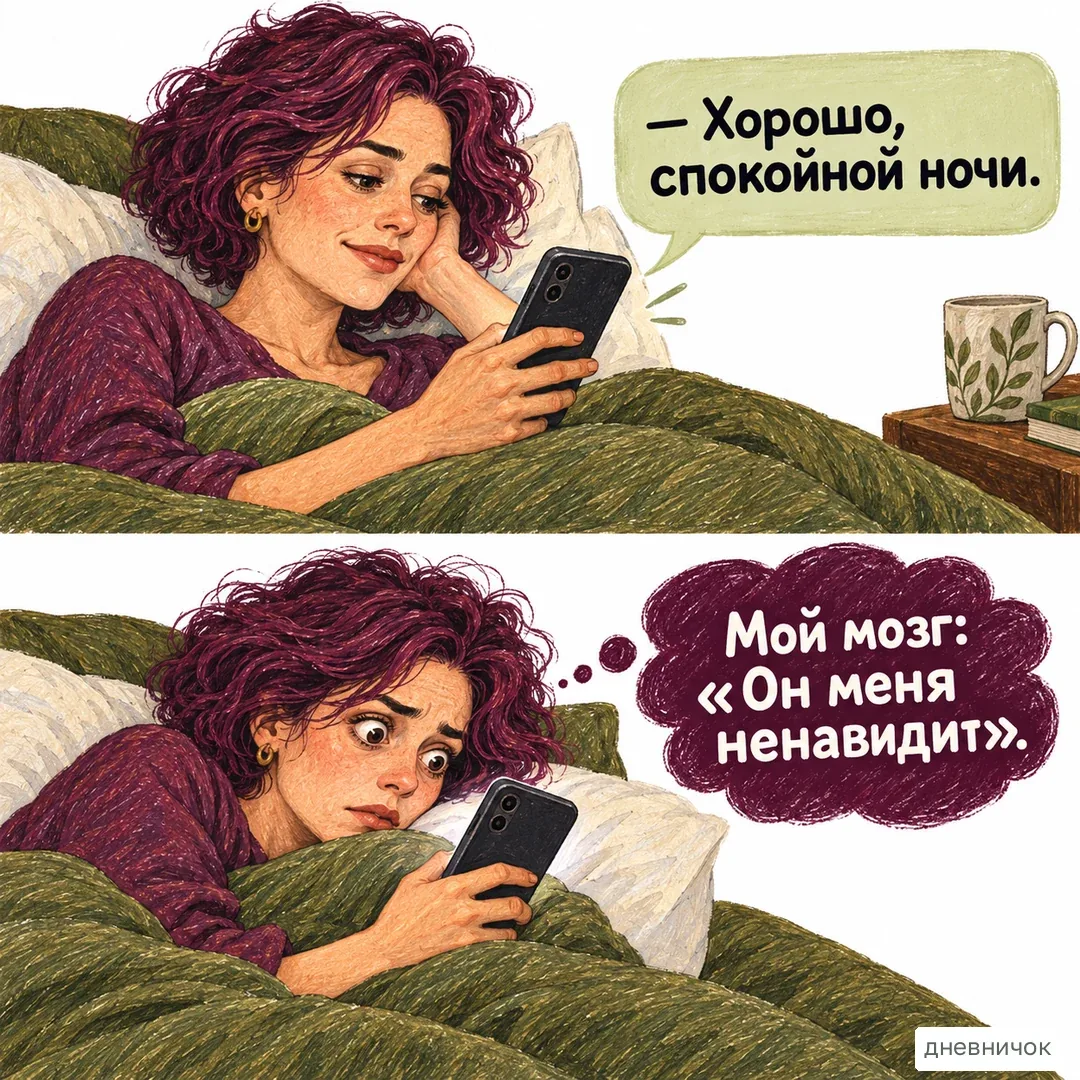 Спокойное завершение разговора легко превратить в пугающую версию. На картинке: — Хорошо, спокойной ночи. Мой мозг: «Он меня ненавидит».