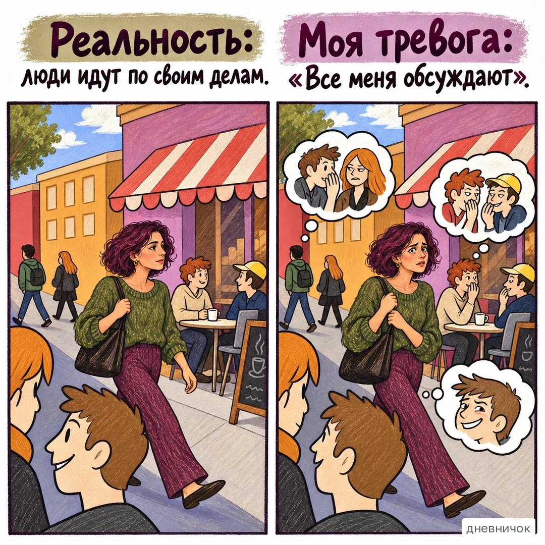 Предположение о чужих мыслях может выглядеть убедительнее того, что мы наблюдаем. На картинке: Реальность: люди идут по своим делам. Моя тревога: «Все меня обсуждают».