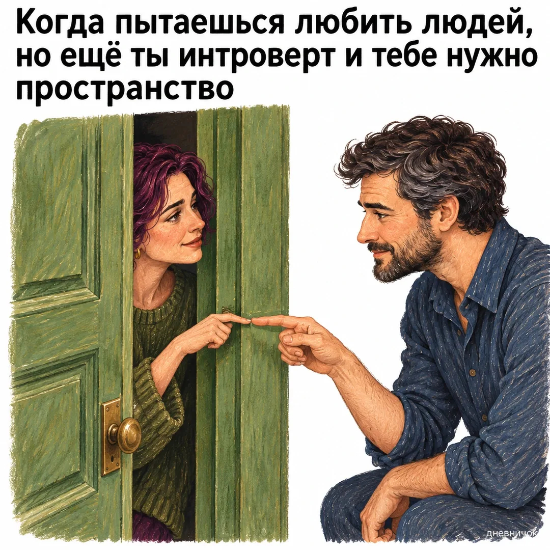 Двое касаются пальцами через приоткрытую дверь: близость и личное пространство.