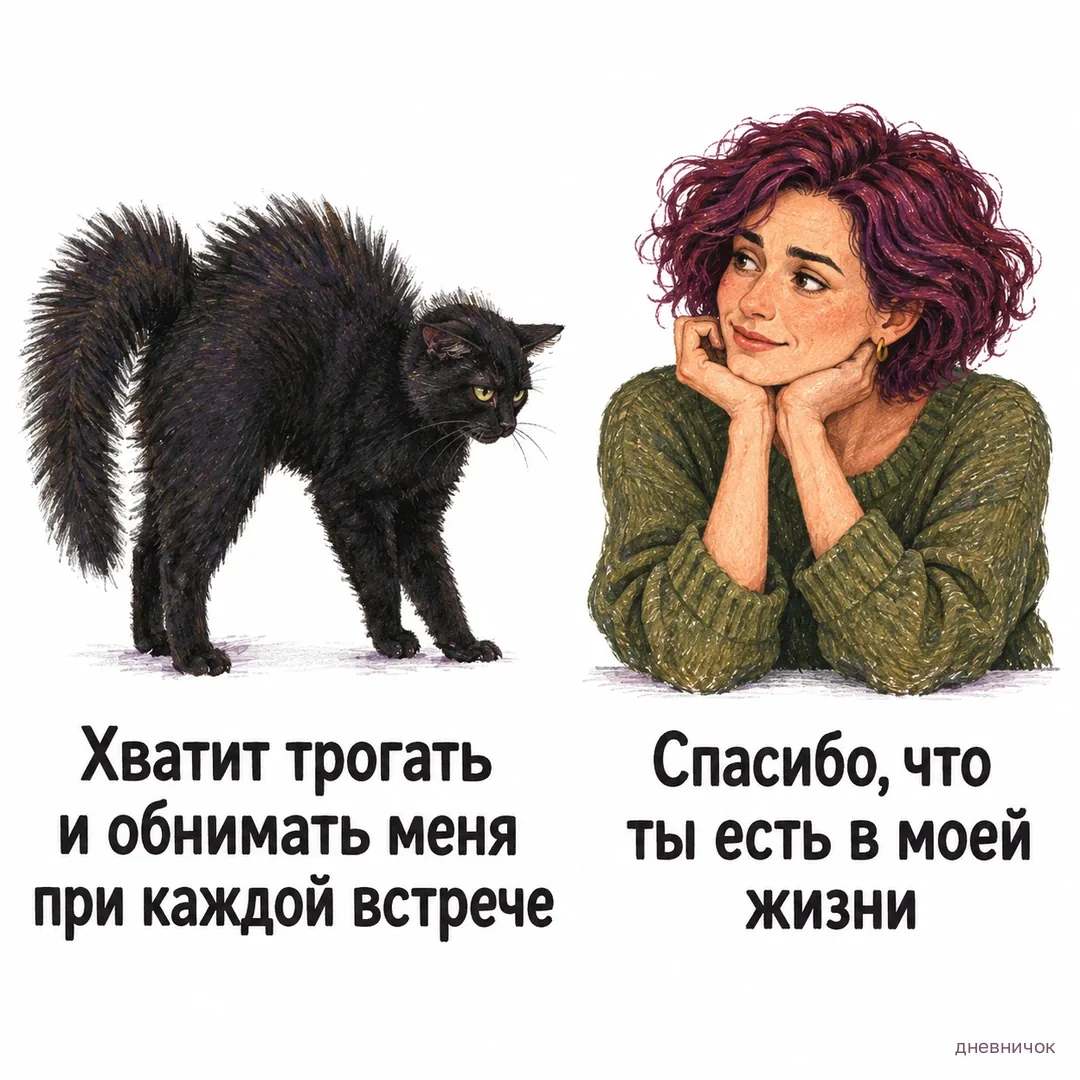 Сердитый кот: «Хватит трогать и обнимать меня при каждой встрече». Рядом женщина: «Спасибо, что ты есть в моей жизни».