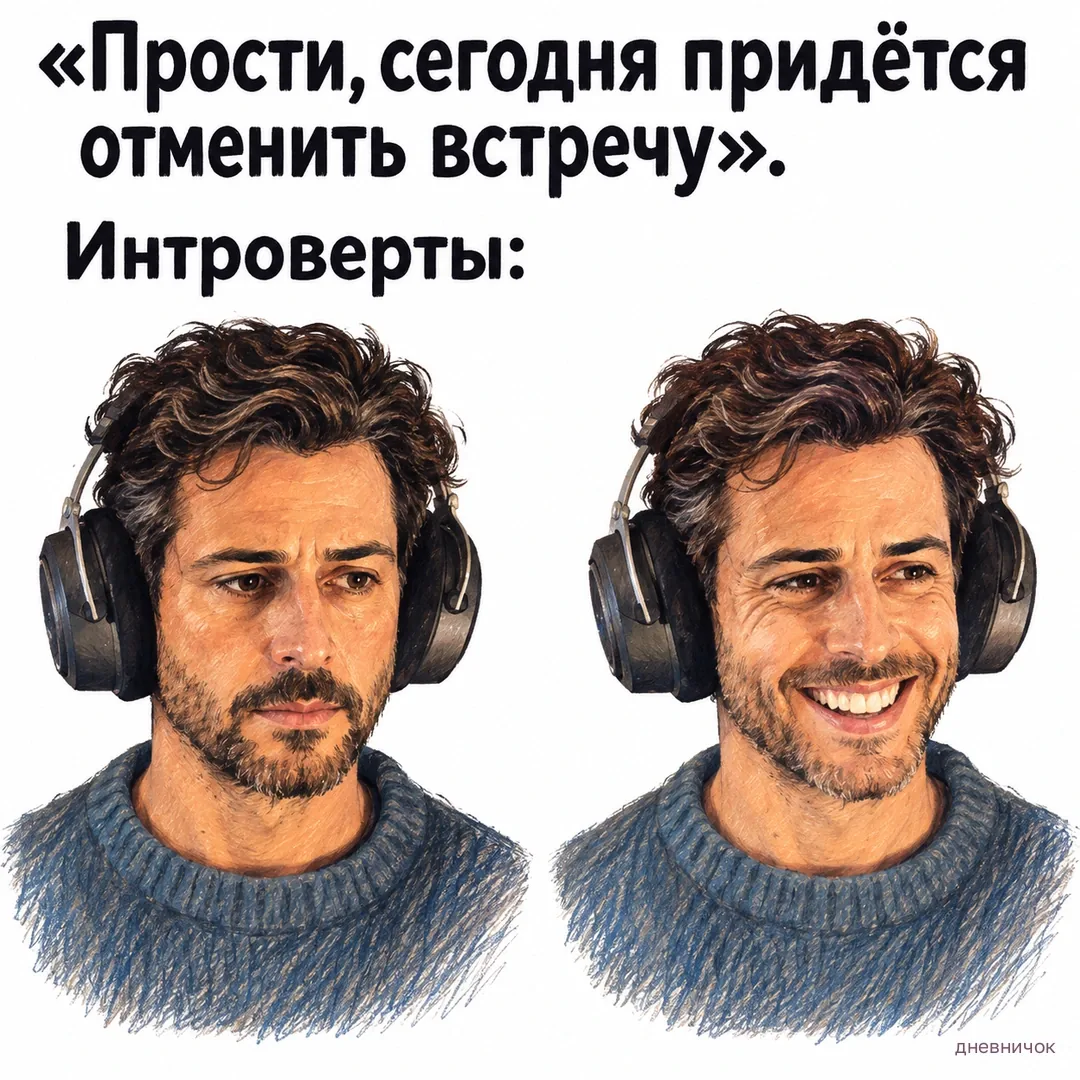 «Прости, сегодня придётся отменить встречу». «Интроверты:» — мужчина в наушниках снаружи серьёзен, а внутри сияет от радости.