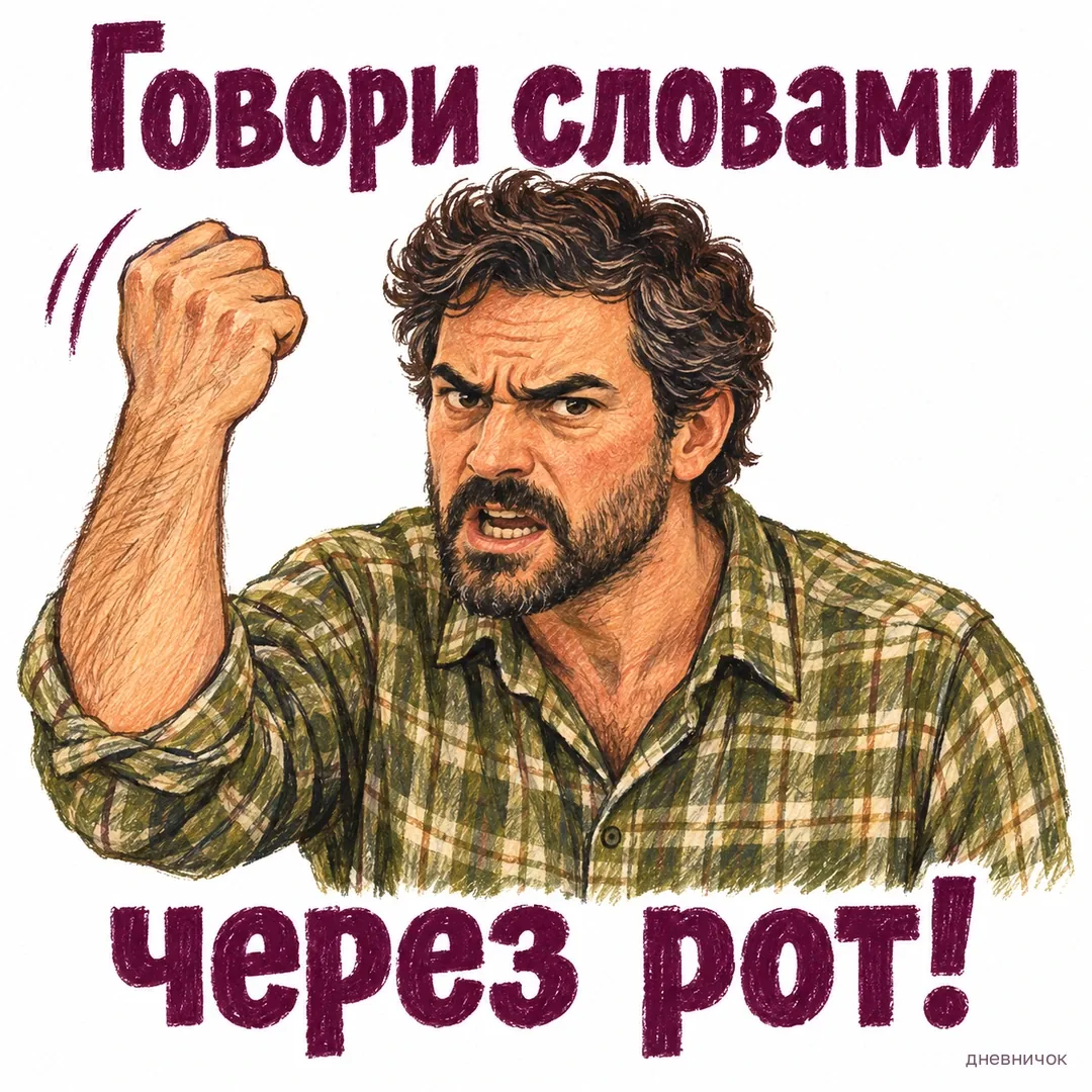 Мужчина в клетчатой рубашке эмоционально поднимает кулак: «Говори словами через рот!»