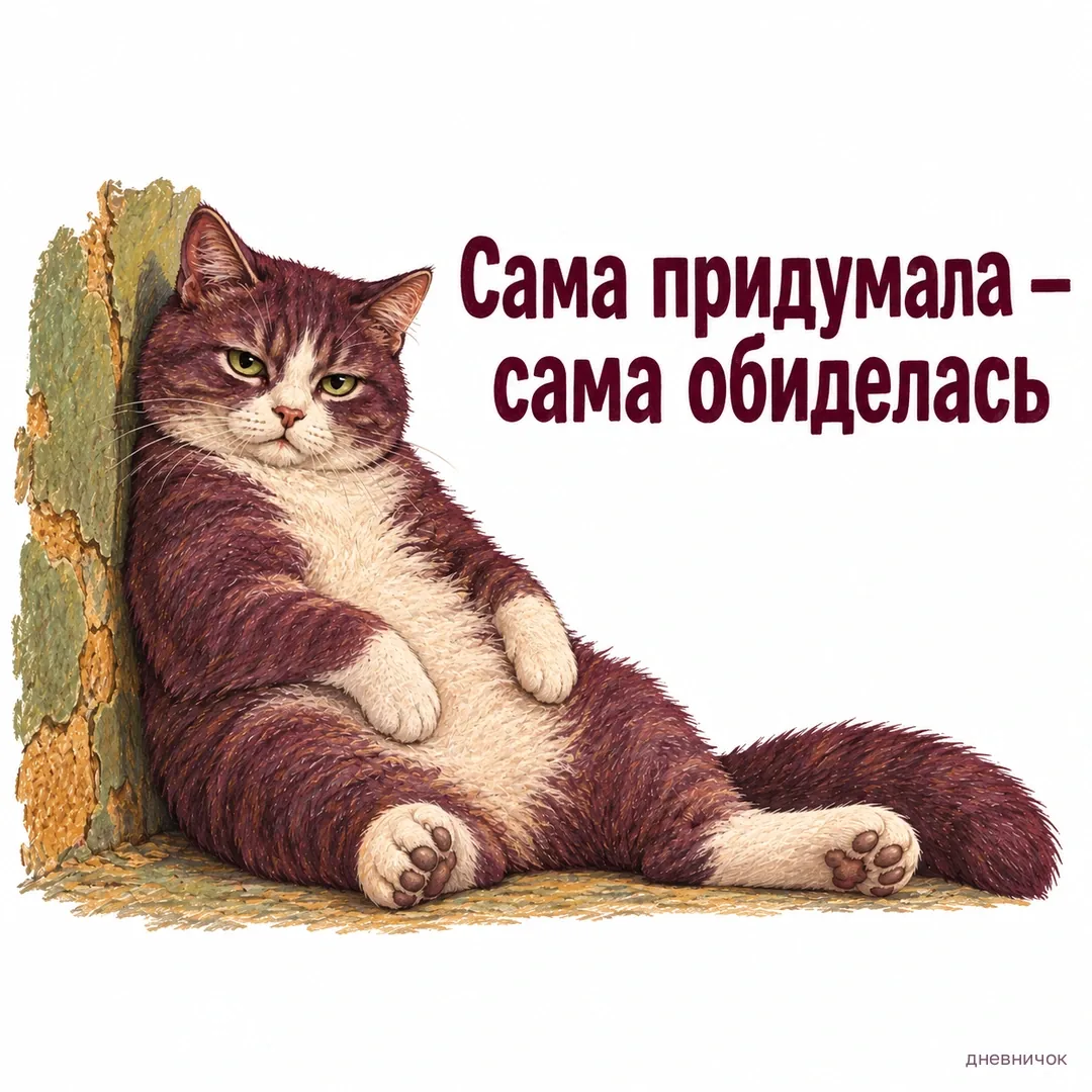 Догадка может обидеть ещё до того, как ты успела её проверить. Обиженный кот и надпись: «Сама придумала — сама обиделась».