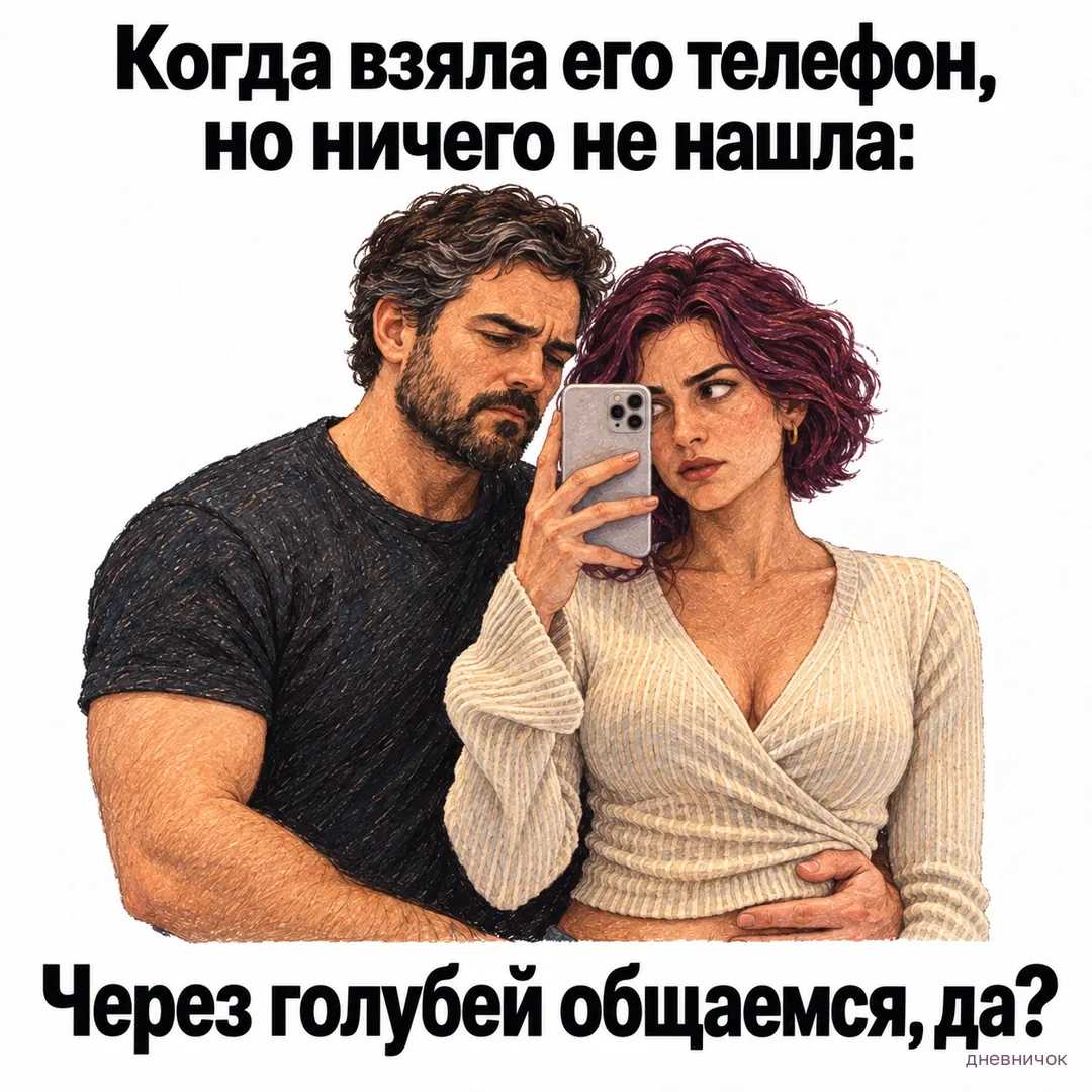 Проверка телефона может закончиться, а поиск объяснений — продолжиться. Пара с телефоном: «Когда взяла его телефон, но ничего не нашла: Через голубей общаемся, да?»