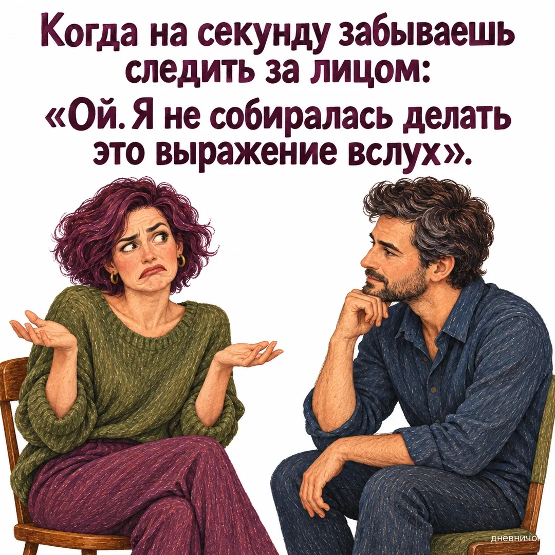 Пара разговаривает; женщина не скрыла выразительную гримасу. Когда на секунду забываешь следить за лицом: «Ой. Я не собиралась делать это выражение вслух».