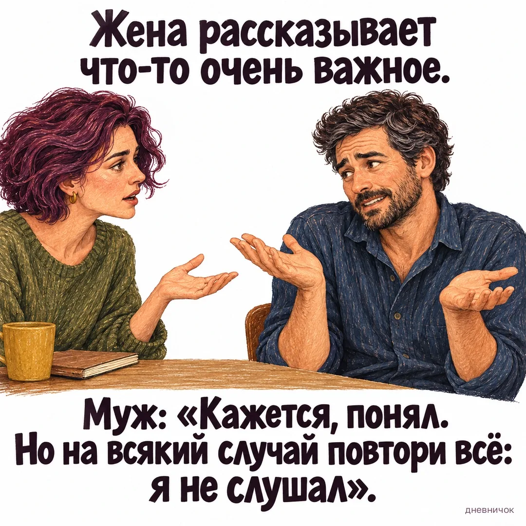 Мужчина разводит руками перед говорящей женщиной. Жена рассказывает что-то очень важное. Муж: «Кажется, понял. Но на всякий случай повтори всё: я не слушал».