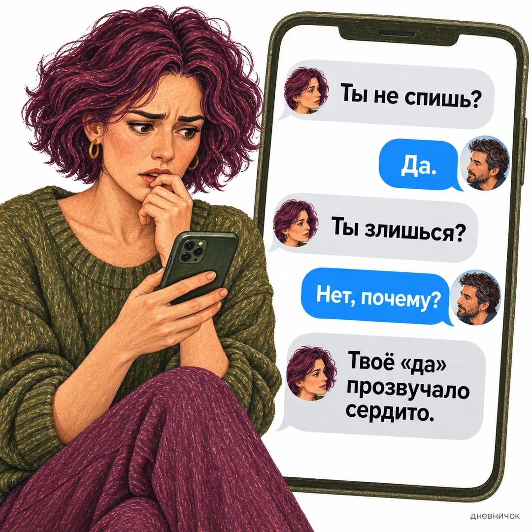 Женщина читает короткий диалог в телефоне. — Ты не спишь? — Да. — Ты злишься? — Нет, почему? — Твоё «да» прозвучало сердито.