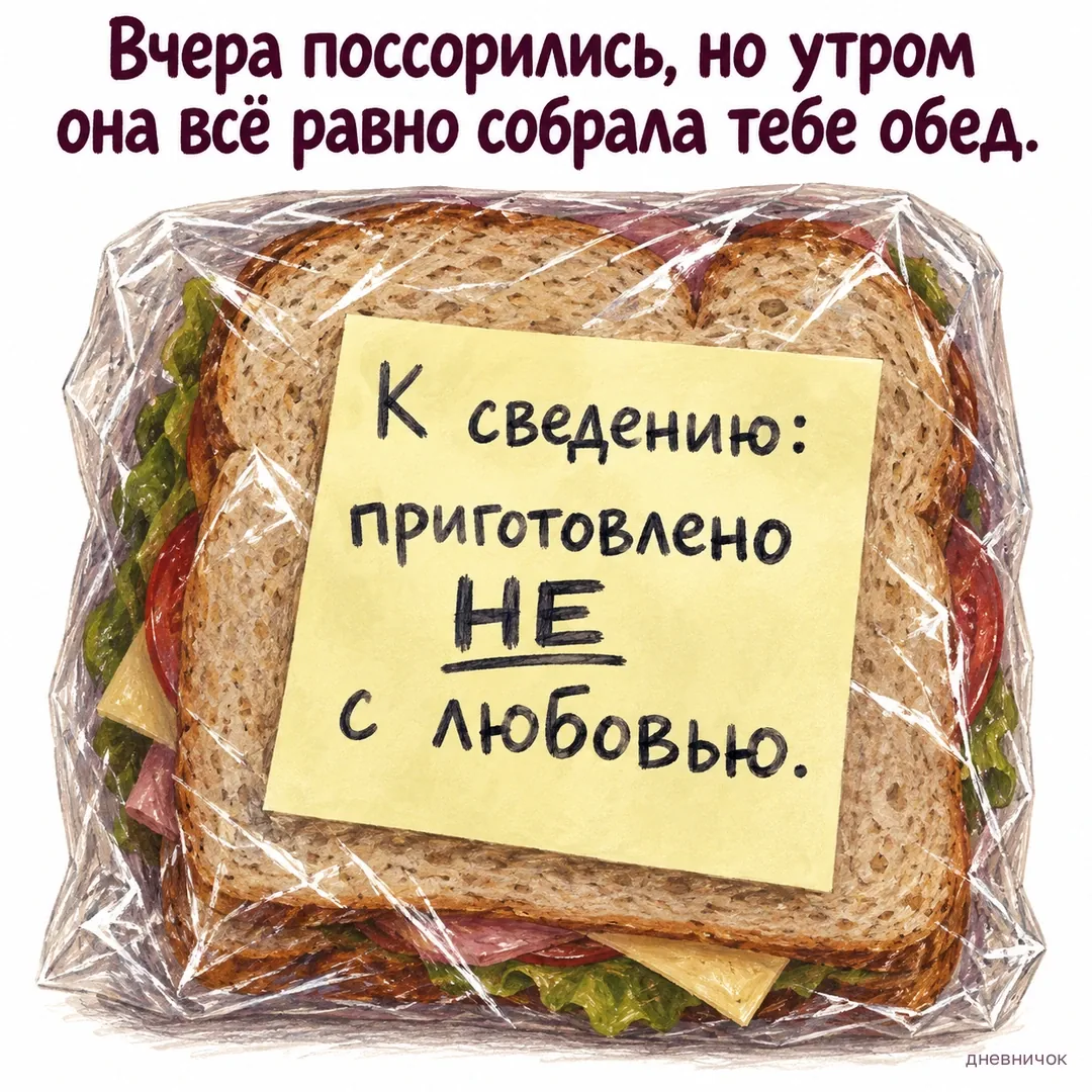 Бутерброд упакован с запиской о сохранившейся обиде. Вчера поссорились, но утром она всё равно собрала тебе обед. К сведению: приготовлено НЕ с любовью.