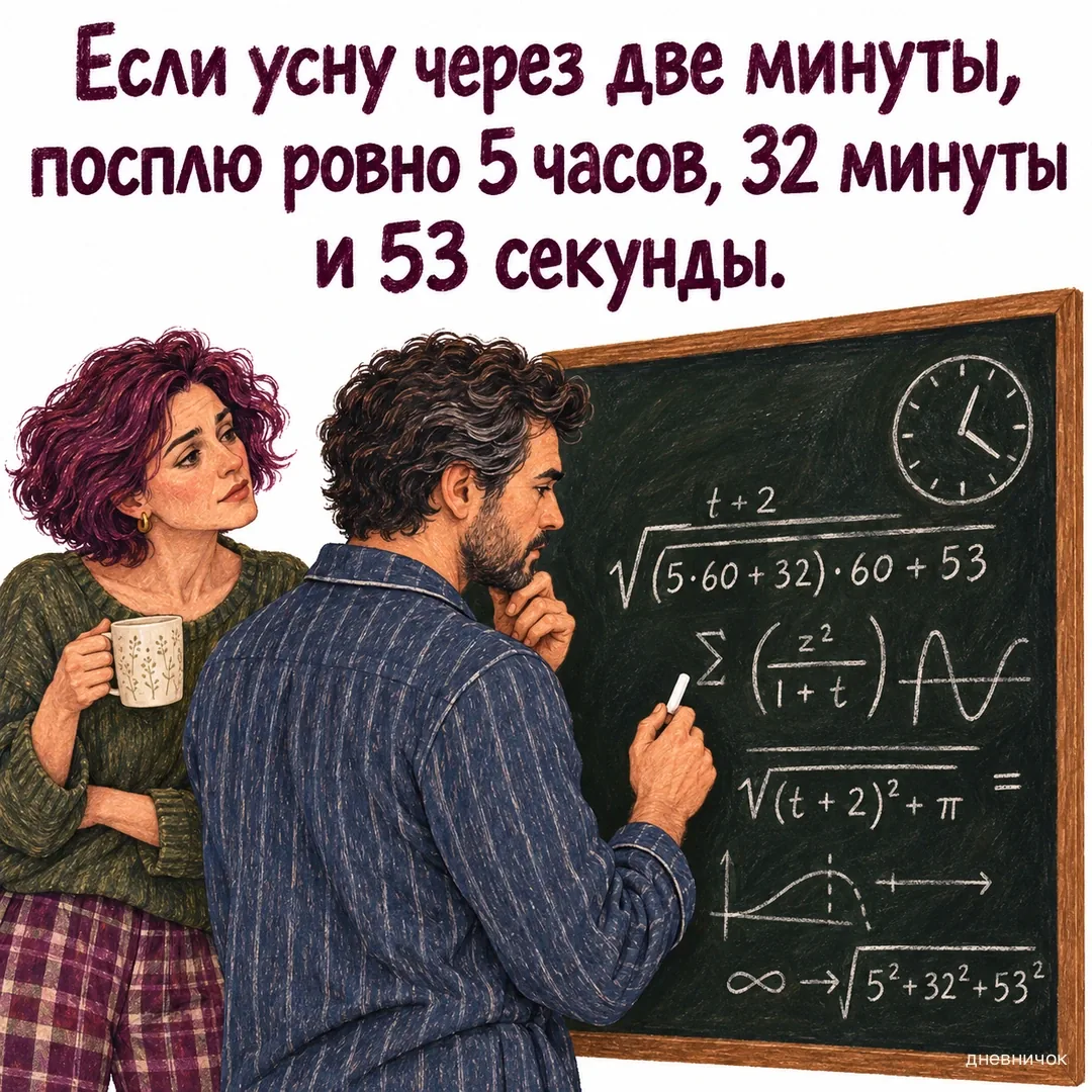 Мужчина считает оставшееся время сна у доски с формулами. Если усну через две минуты, посплю ровно 5 часов, 32 минуты и 53 секунды.