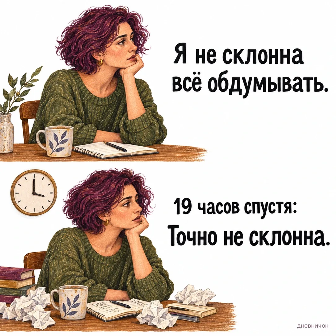 Женщина продолжает обдумывать ту же мысль спустя 19 часов. Я не склонна всё обдумывать. 19 часов спустя: Точно не склонна.
