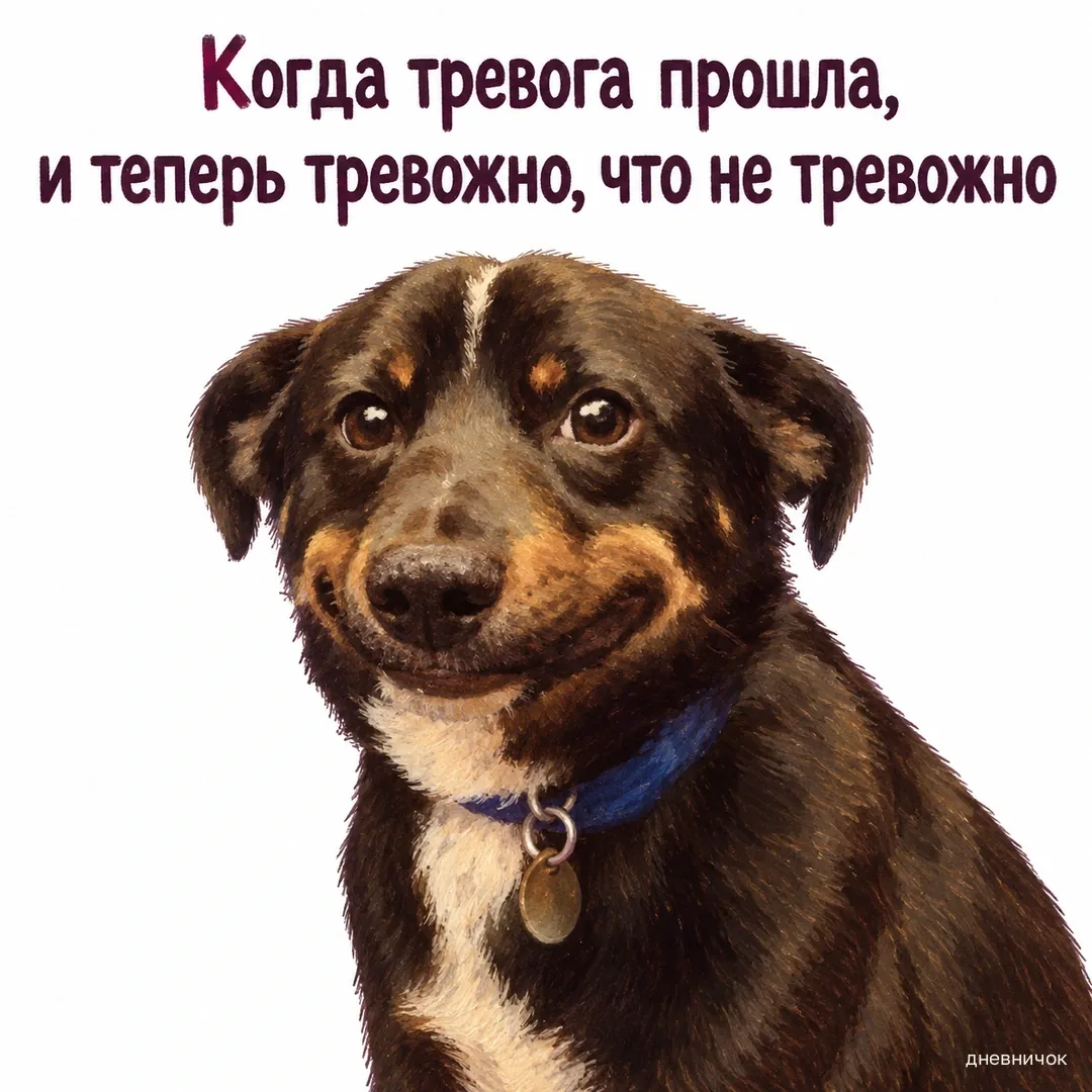 Собака с неловким обеспокоенным выражением. Когда тревога прошла, и теперь тревожно, что не тревожно