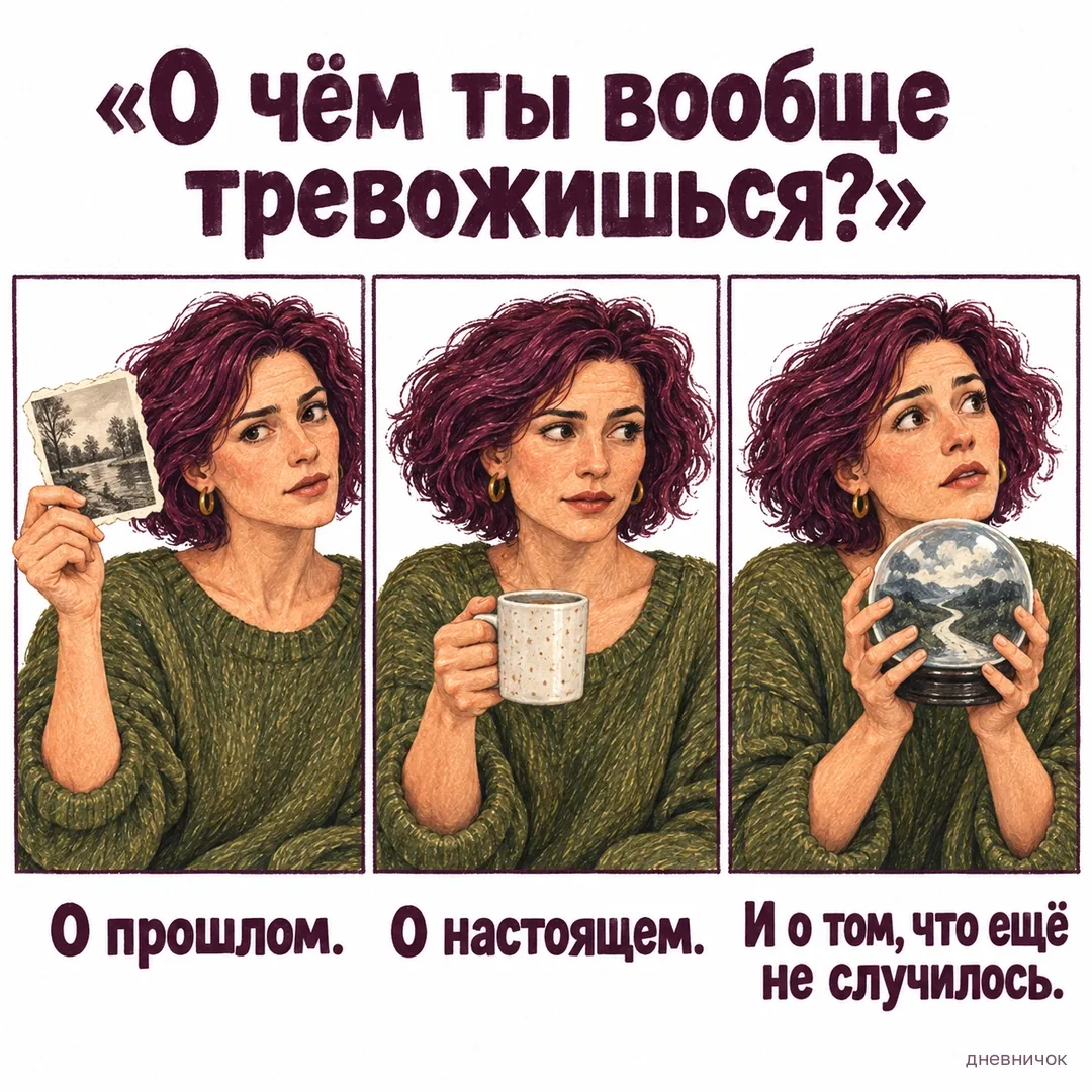 Женщина в трёх кадрах тревожится о разных временах. «О чём ты вообще тревожишься?» О прошлом. О настоящем. И о том, что ещё не случилось.