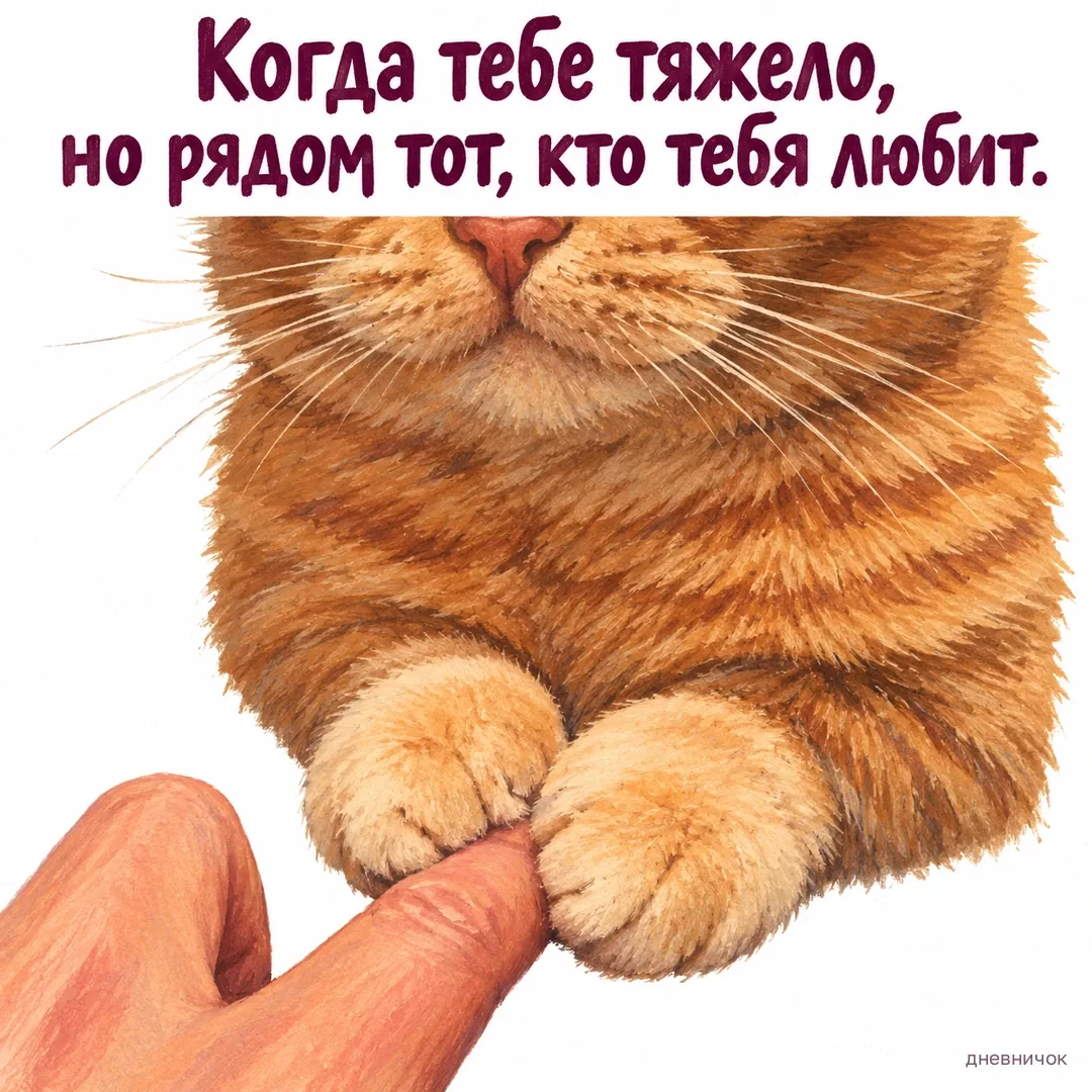 Рыжий кот обнимает лапами палец человека. Когда тебе тяжело, но рядом тот, кто тебя любит.