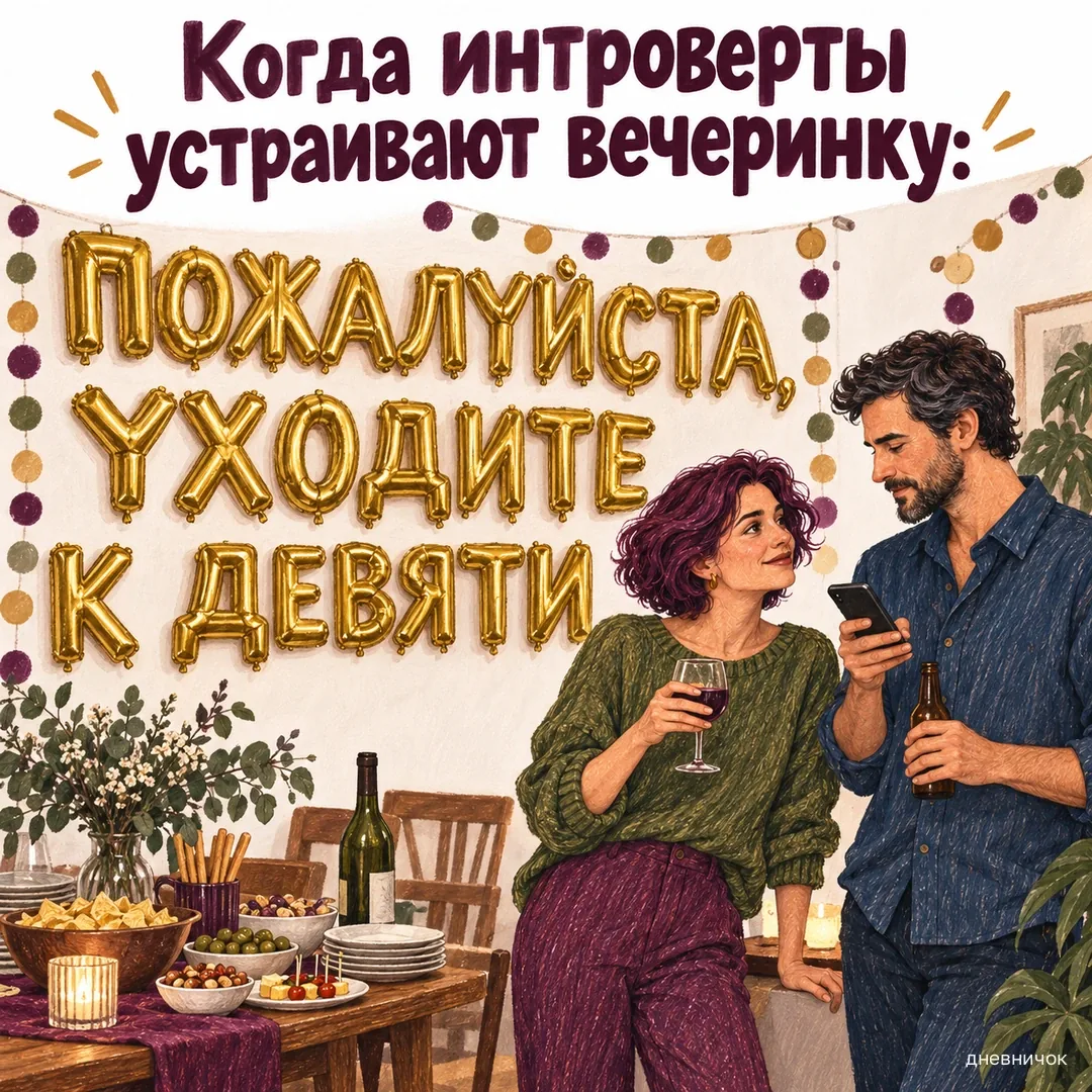 Пара на вечеринке; на стене надпись из золотых шаров. Когда интроверты устраивают вечеринку: ПОЖАЛУЙСТА, УХОДИТЕ К ДЕВЯТИ