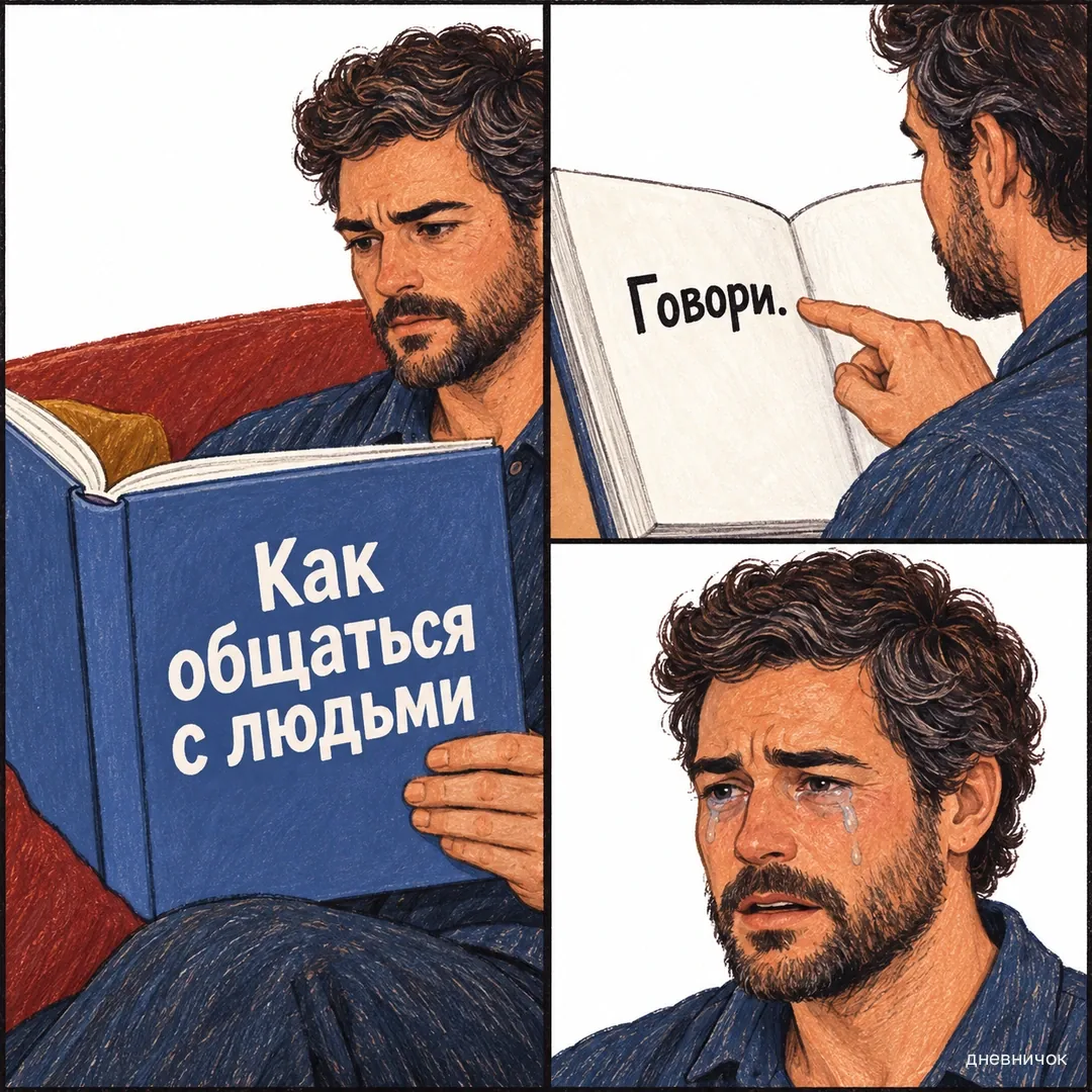 Мужчина читает краткое руководство по общению и плачет. Как общаться с людьми Говори.