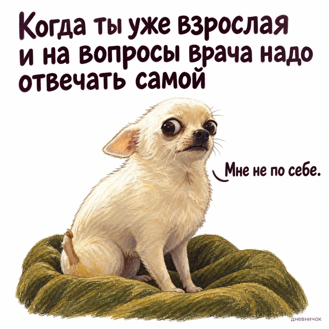 Маленькая светлая собака выглядит растерянной. Когда ты уже взрослая и на вопросы врача надо отвечать самой Мне не по себе.