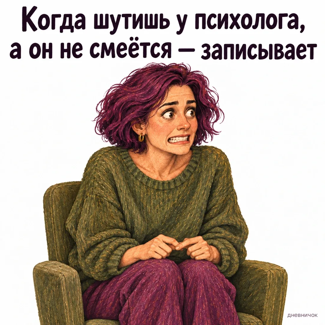 Женщина неловко улыбается на приёме; специалист за кадром. Когда шутишь у психолога, а он не смеётся — записывает