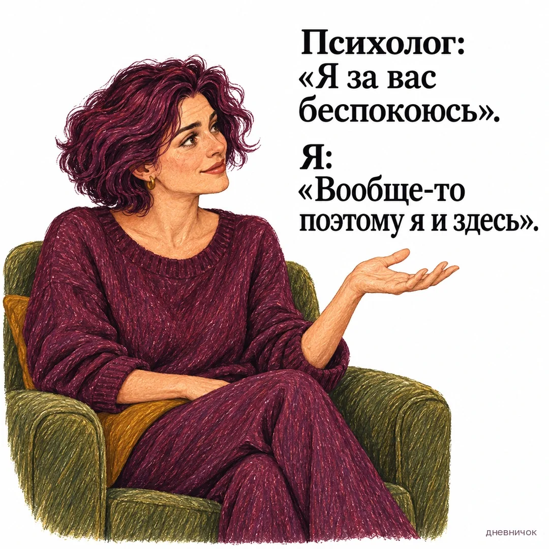 Женщина в кресле с понимающей улыбкой поднимает открытую ладонь. Текст мема: «Психолог: «Я за вас беспокоюсь». Я: «Вообще-то поэтому я и здесь».».