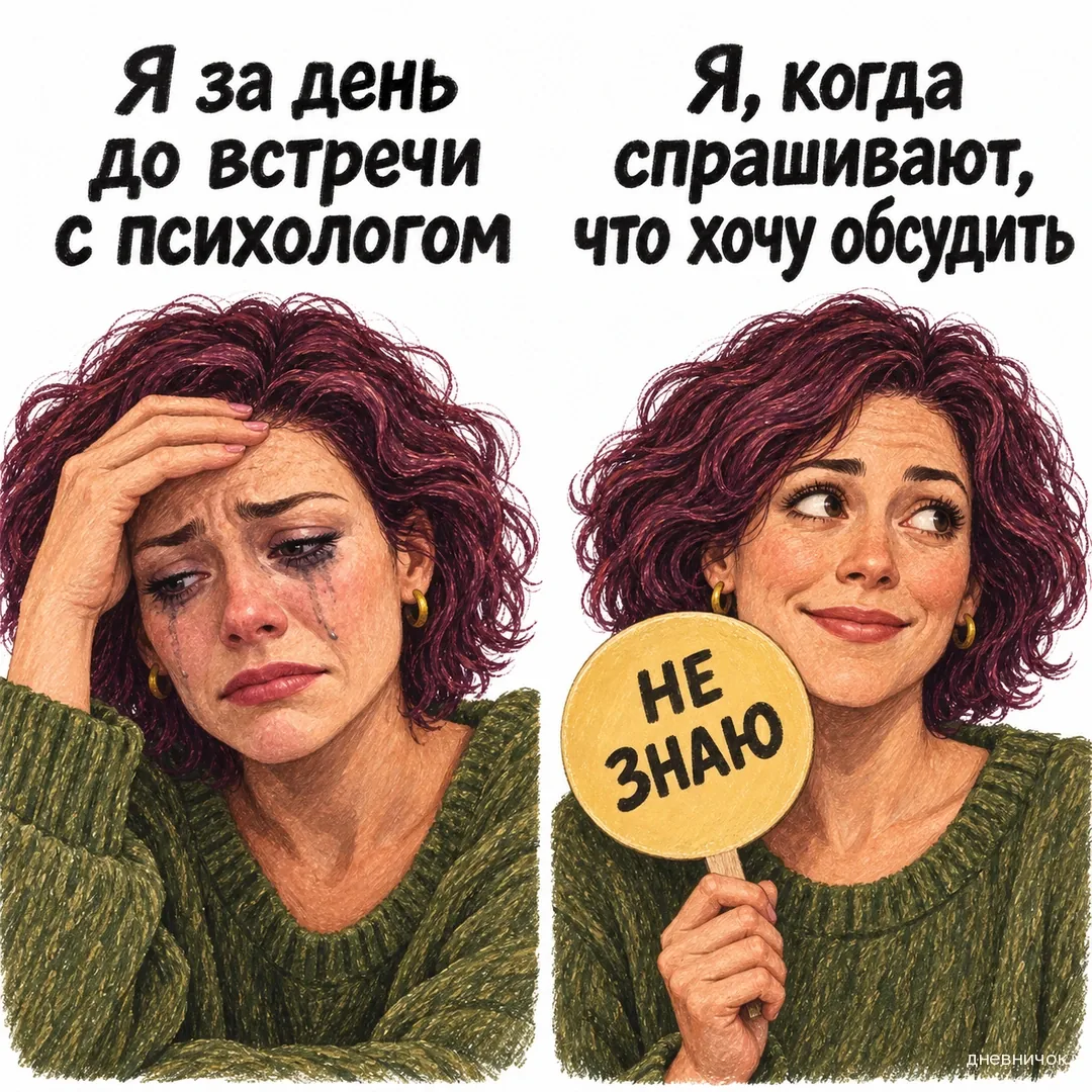 Одна женщина сначала держится за лоб в слезах, затем неловко улыбается с табличкой «НЕ ЗНАЮ». Текст мема: «Я за день до встречи с психологом / Я, когда спрашивают, что хочу обсудить / НЕ ЗНАЮ».