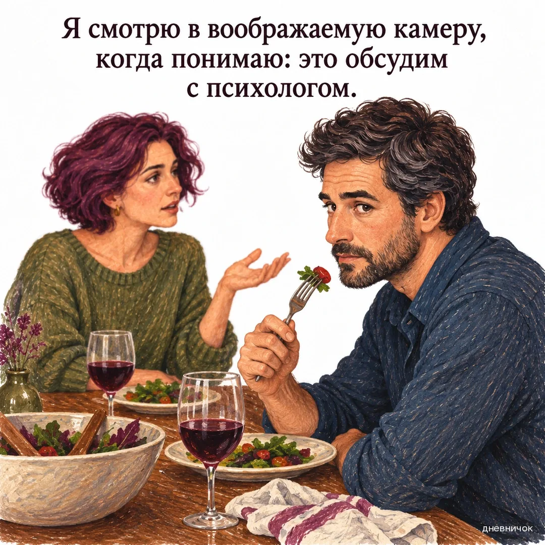 Мужчина за ужином поворачивается к зрителю с понимающим взглядом. Текст мема: «Я смотрю в воображаемую камеру, когда понимаю: это обсудим с психологом.».