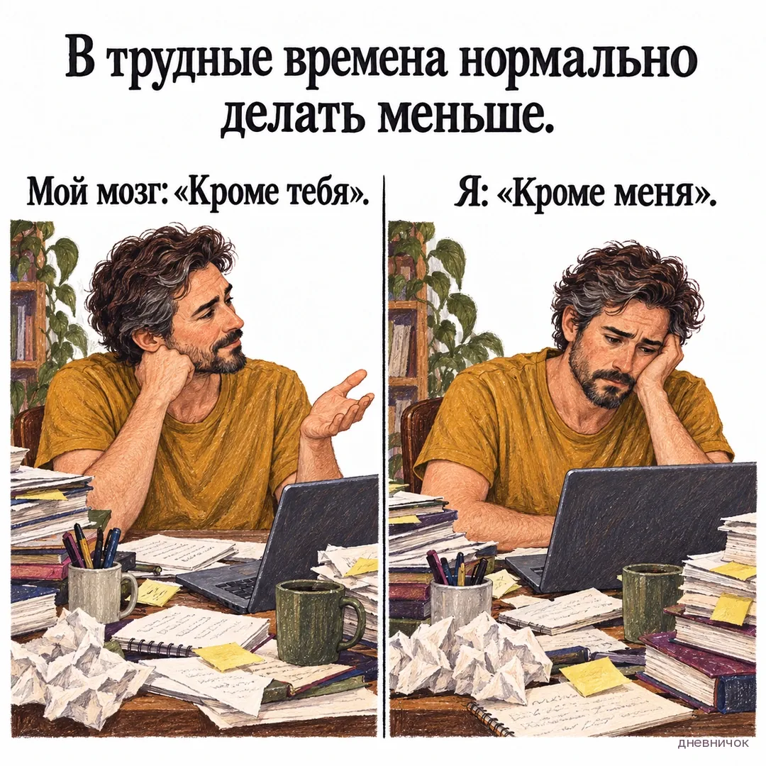 Усталый мужчина за рабочим столом делает для себя исключение из разрешения отдыхать. Текст мема: «В трудные времена нормально делать меньше. Мой мозг: «Кроме тебя». Я: «Кроме меня».».